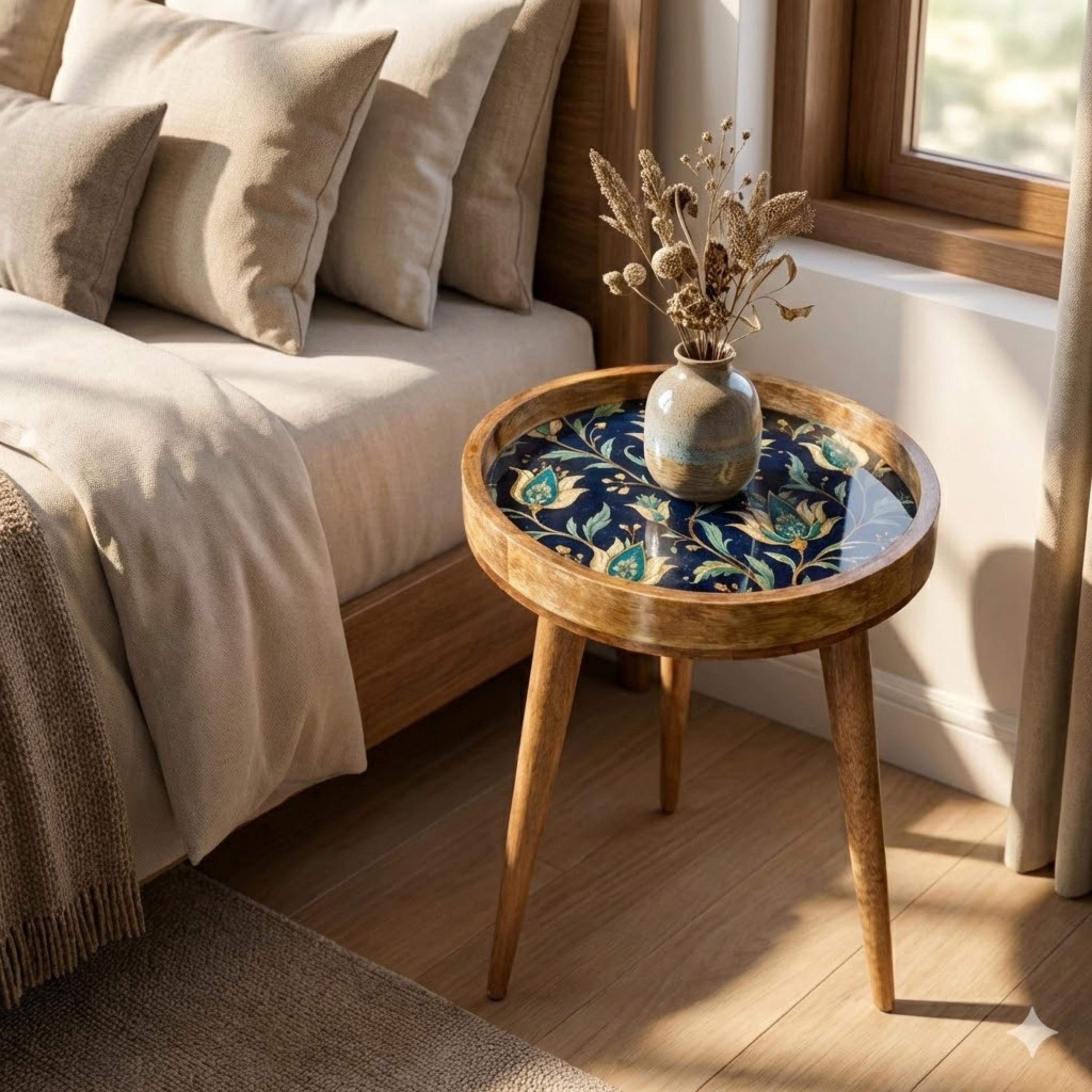 Handmade Printed Mango Wood Side Table | Navy Floral Round End Table | Boho Accent Furniture