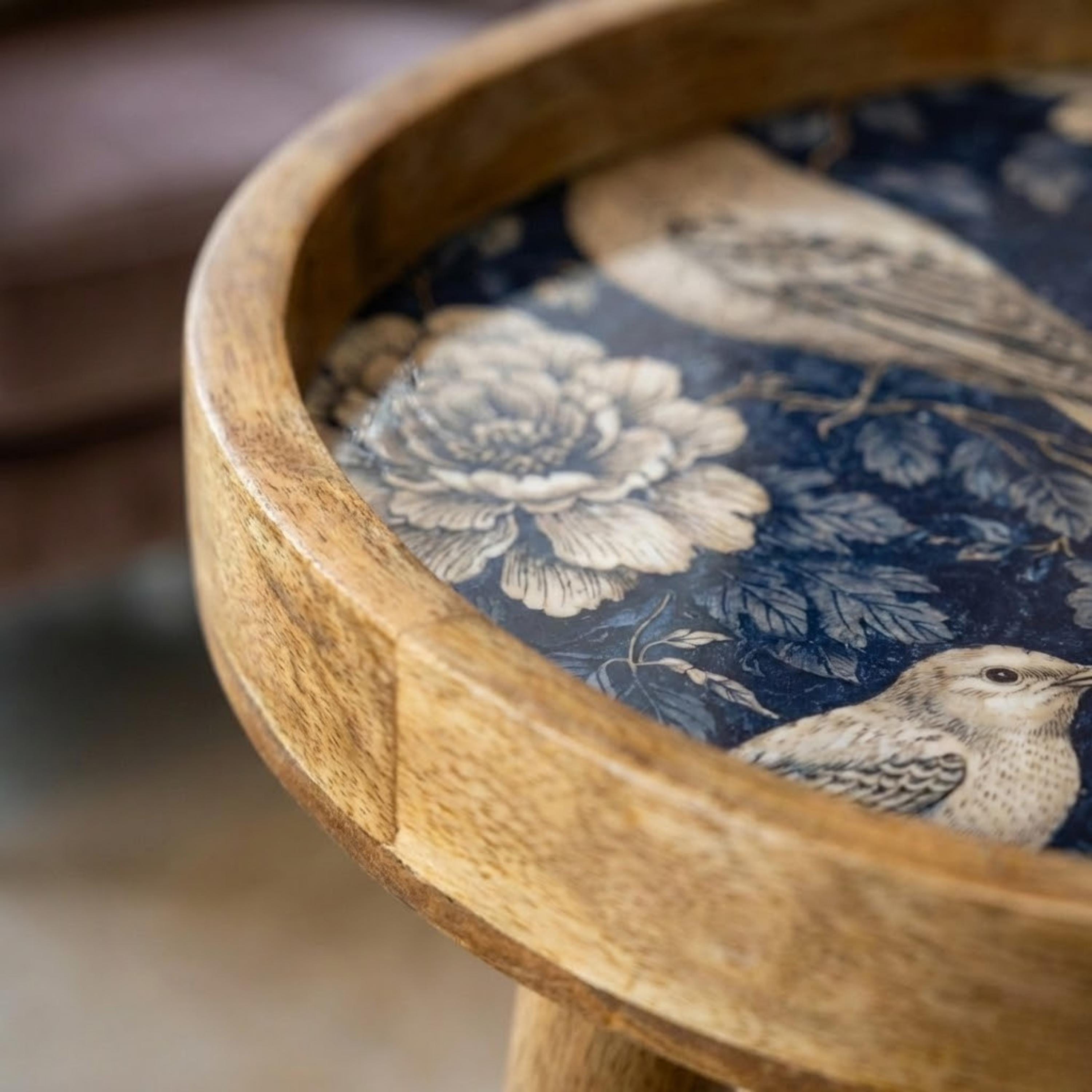 Handmade Mango Wood Side Table | Blue Bird Floral Round Accent Furniture
