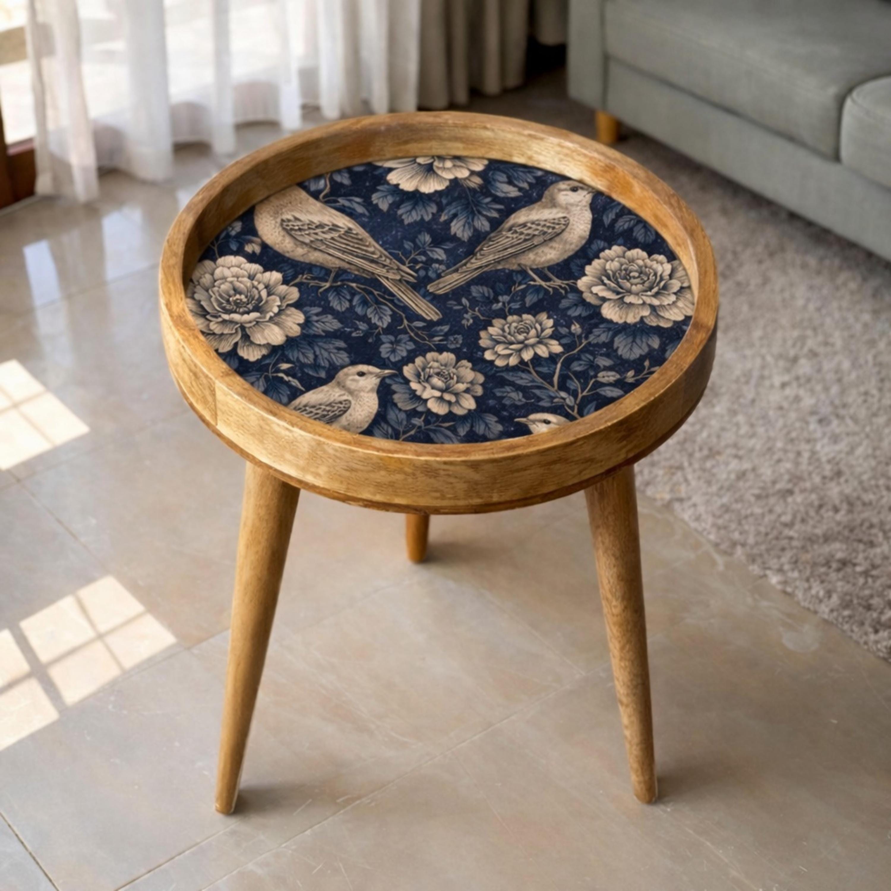 Handmade Mango Wood Side Table | Blue Bird Floral Round Accent Furniture