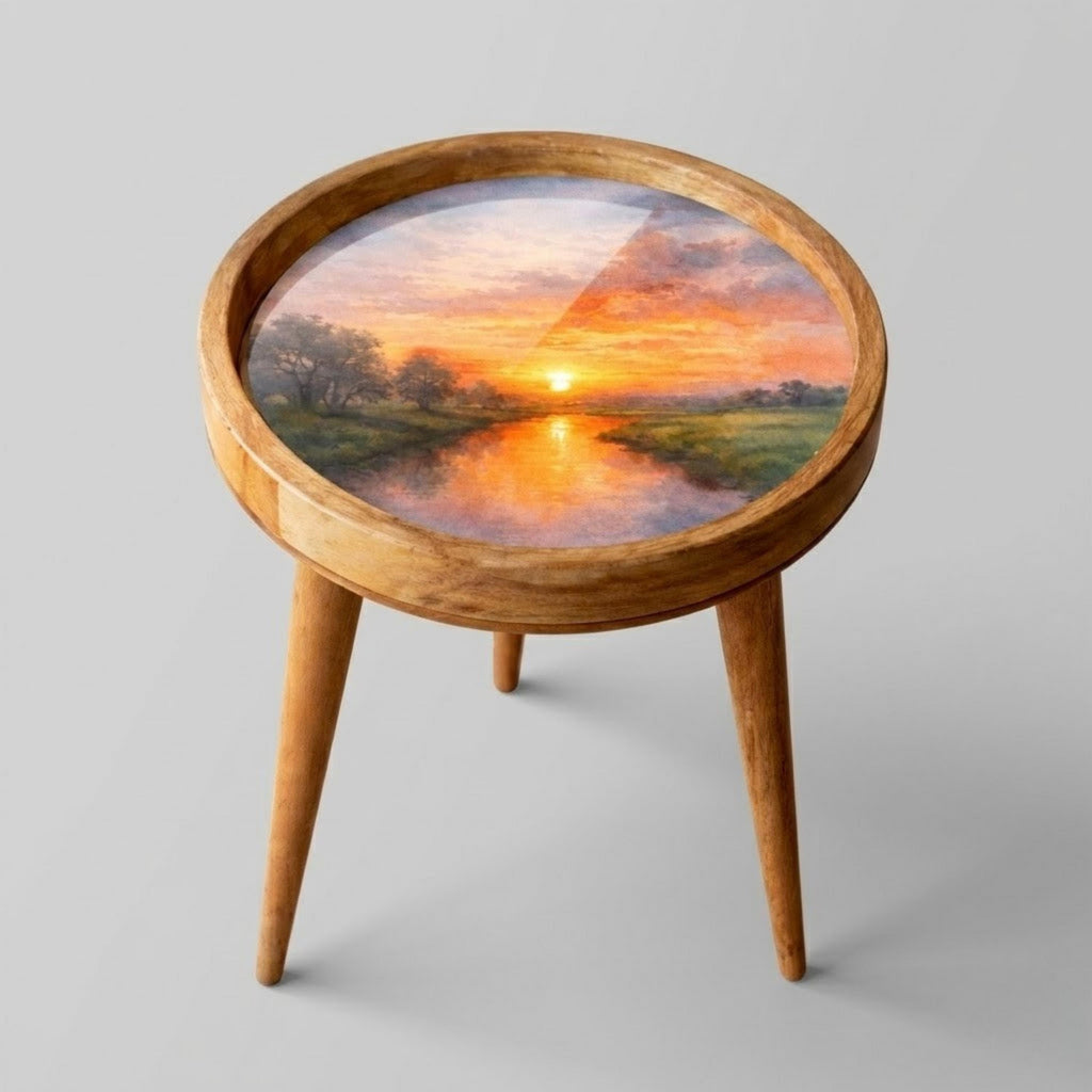 Handmade Printed Mango Wood Side Table | Sunset Landscape Round End Table | Artistic Accent Furniture