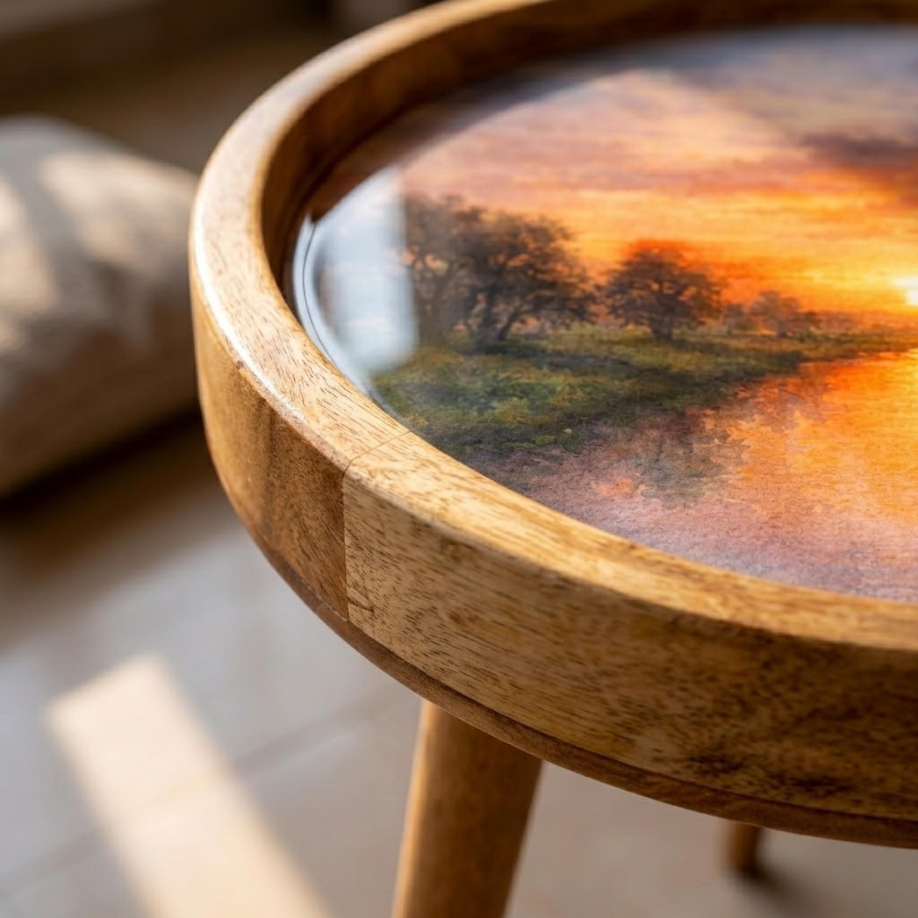 Handmade Printed Mango Wood Side Table | Sunset Landscape Round End Table | Artistic Accent Furniture