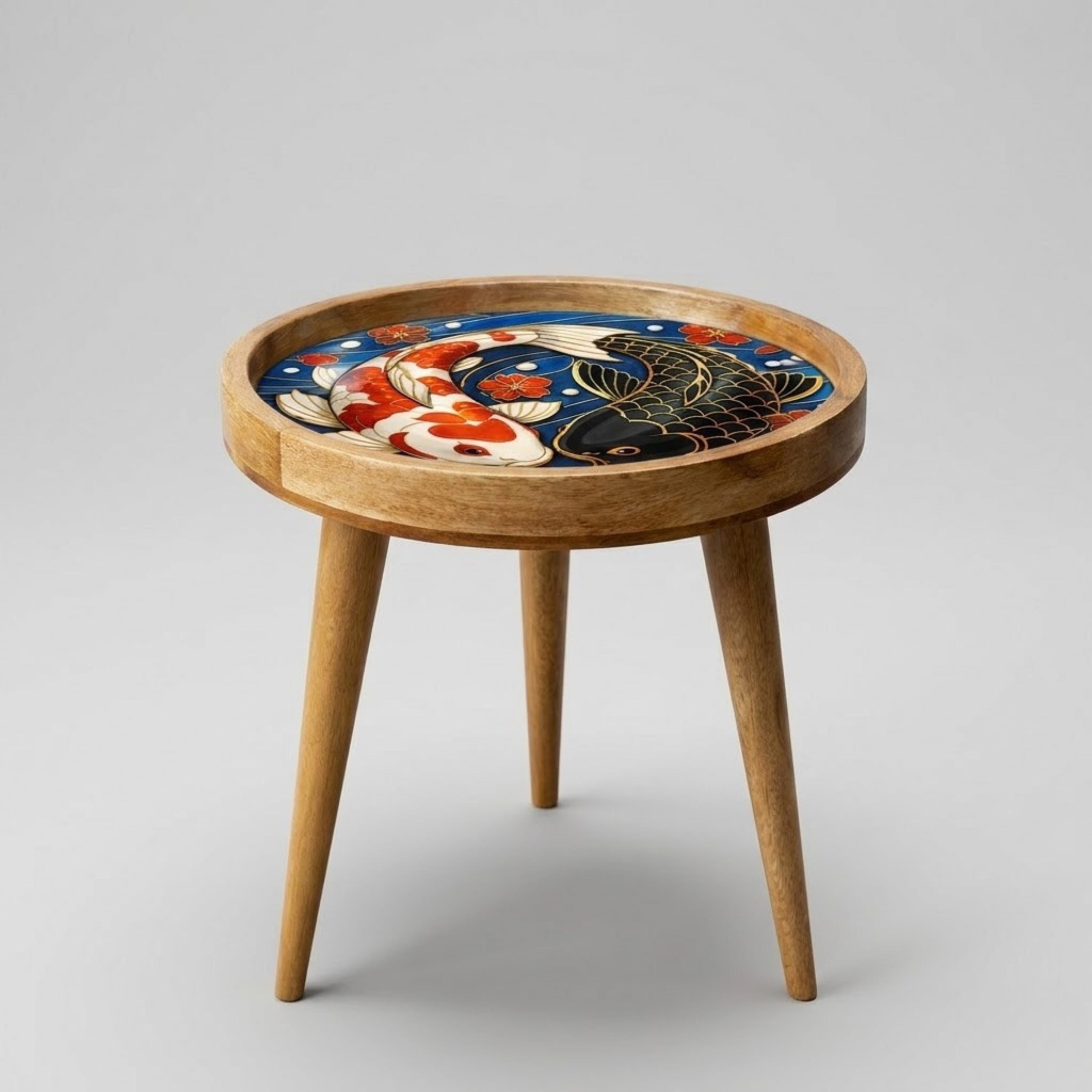 Japanese Koi Round Side Table – Decorative Wood Accent Table