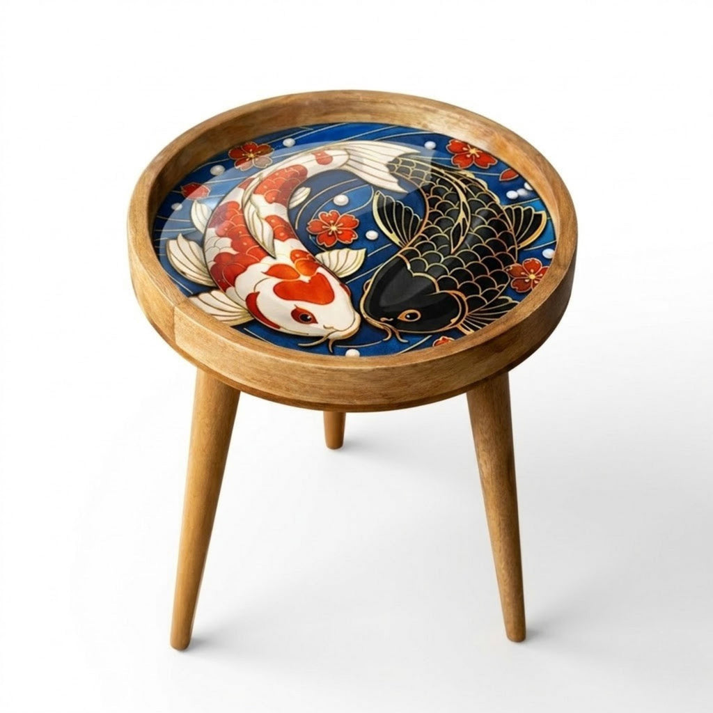 Japanese Koi Round Side Table – Decorative Wood Accent Table