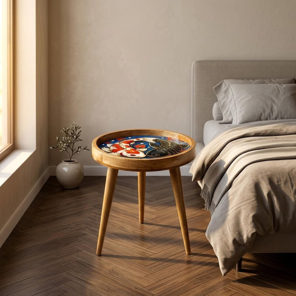 Japanese Koi Round Side Table – Decorative Wood Accent Table