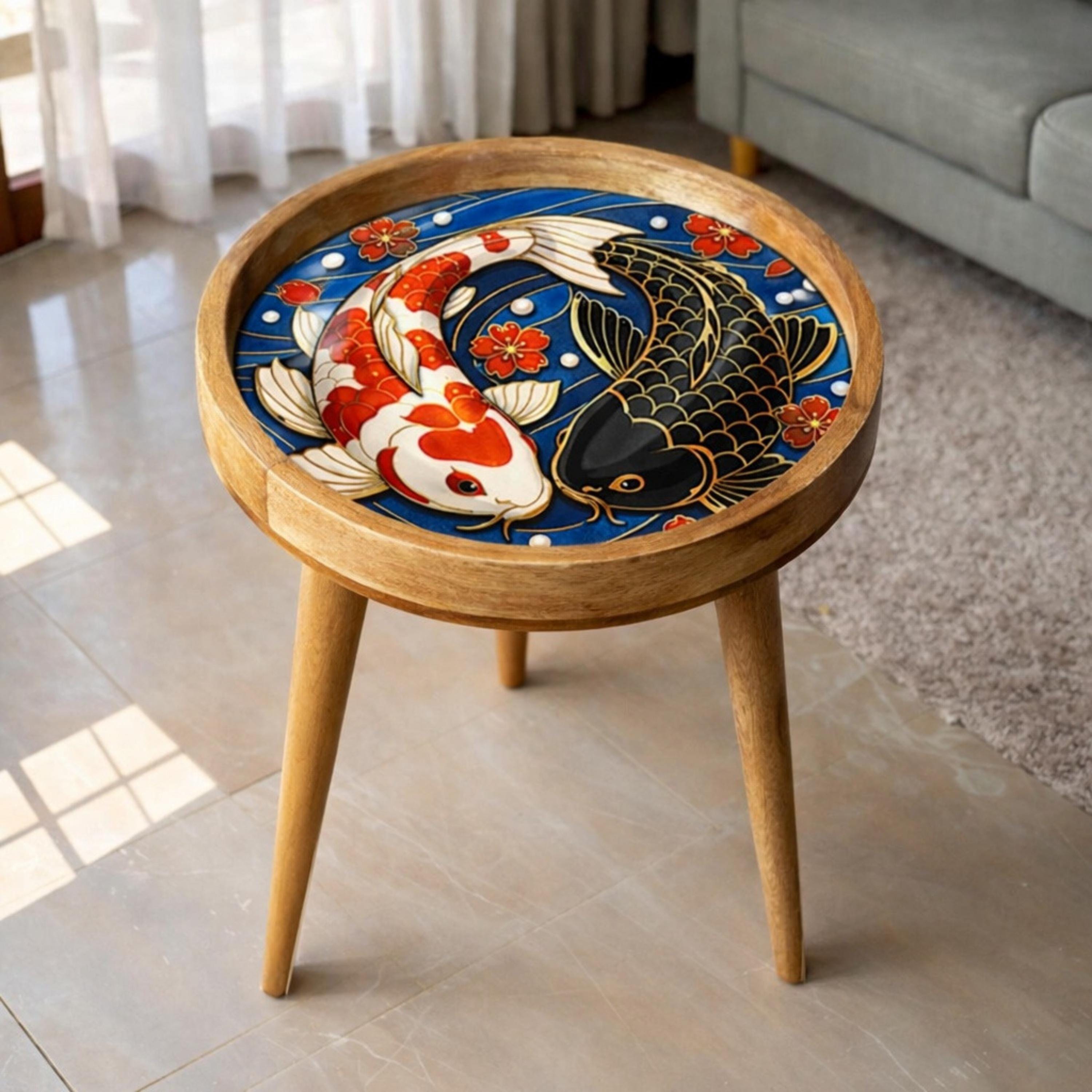 Japanese Koi Round Side Table – Decorative Wood Accent Table