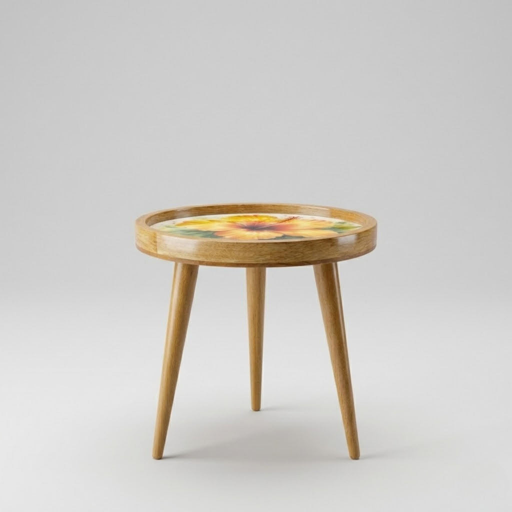 Handmade Mango Wood Side Table with Hibiscus Print | Round Boho Accent Table
