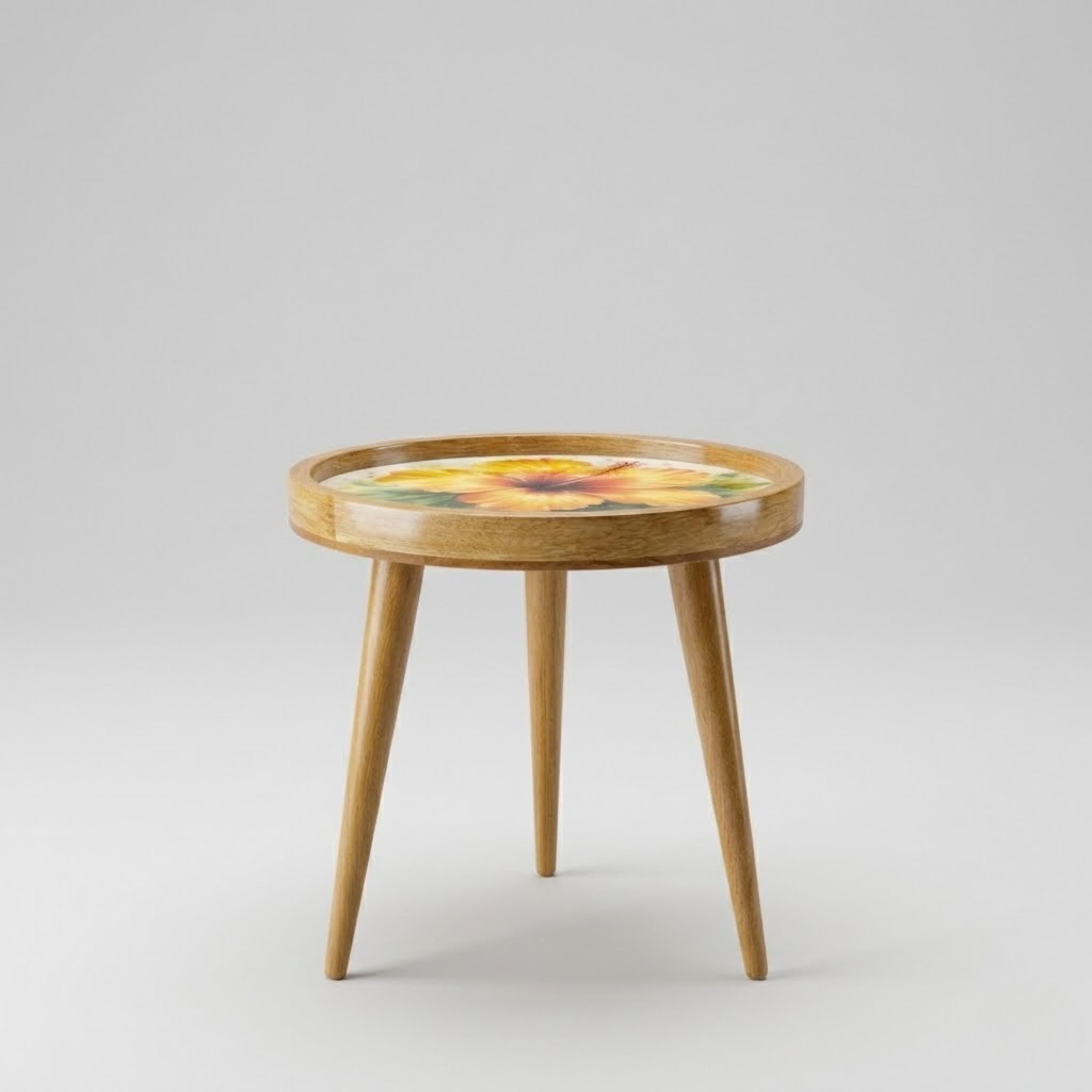 Handmade Mango Wood Side Table with Hibiscus Print | Round Boho Accent Table