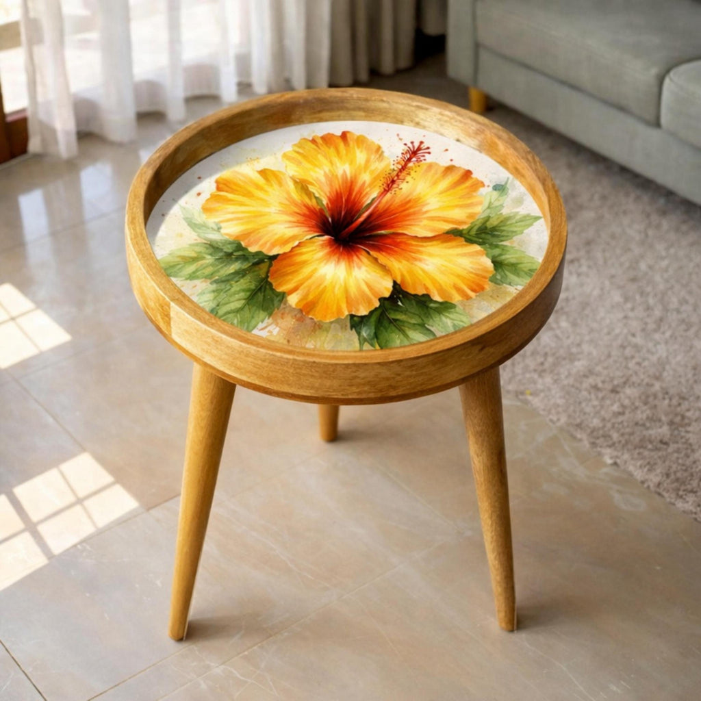 Handmade Mango Wood Side Table with Hibiscus Print | Round Boho Accent Table