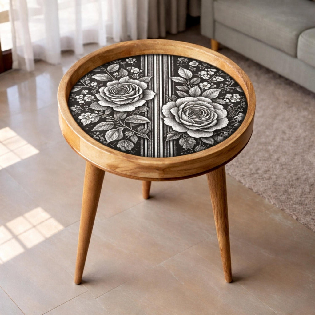 Handmade Mango Wood Side Table | Black White Rose Print Boho Accent Furniture