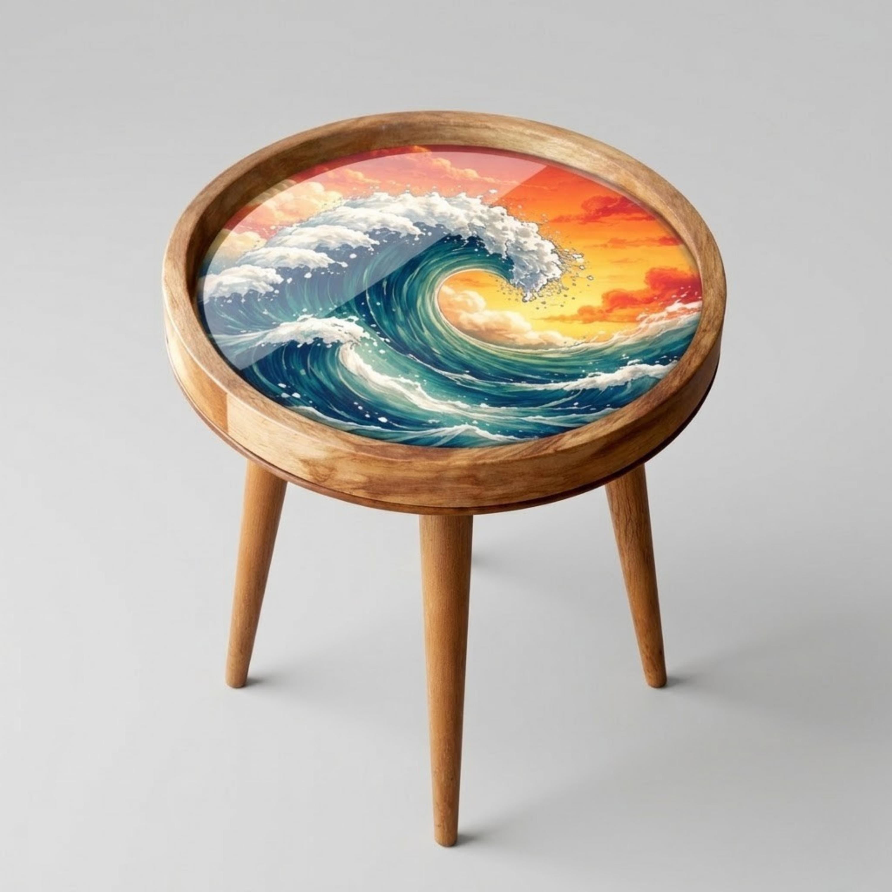 Handmade Mango Wood Side Table | Ocean Wave Print Accent Table | Coastal Decor