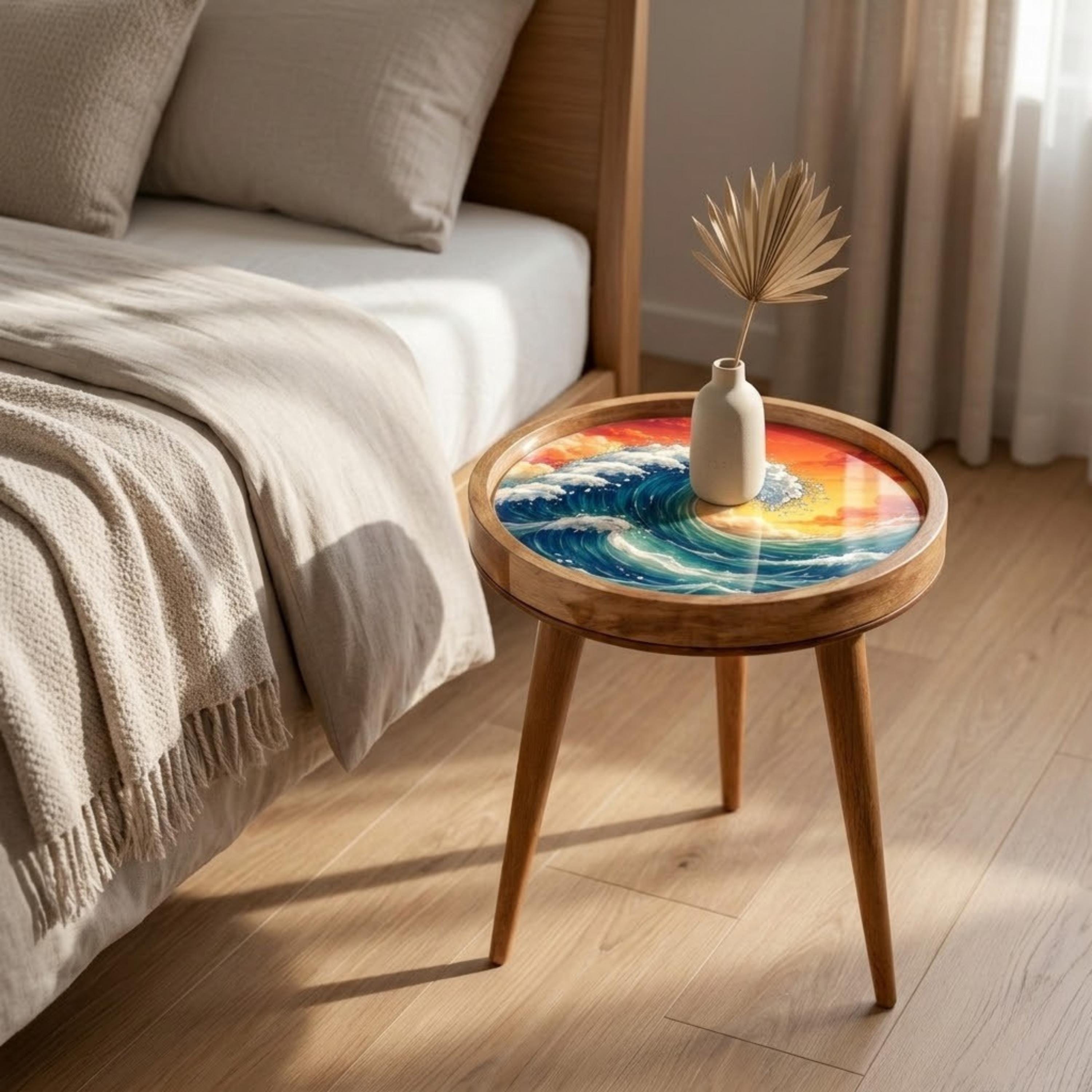 Handmade Mango Wood Side Table | Ocean Wave Print Accent Table | Coastal Decor