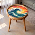 Handmade Mango Wood Side Table | Ocean Wave Print Accent Table | Coastal Decor