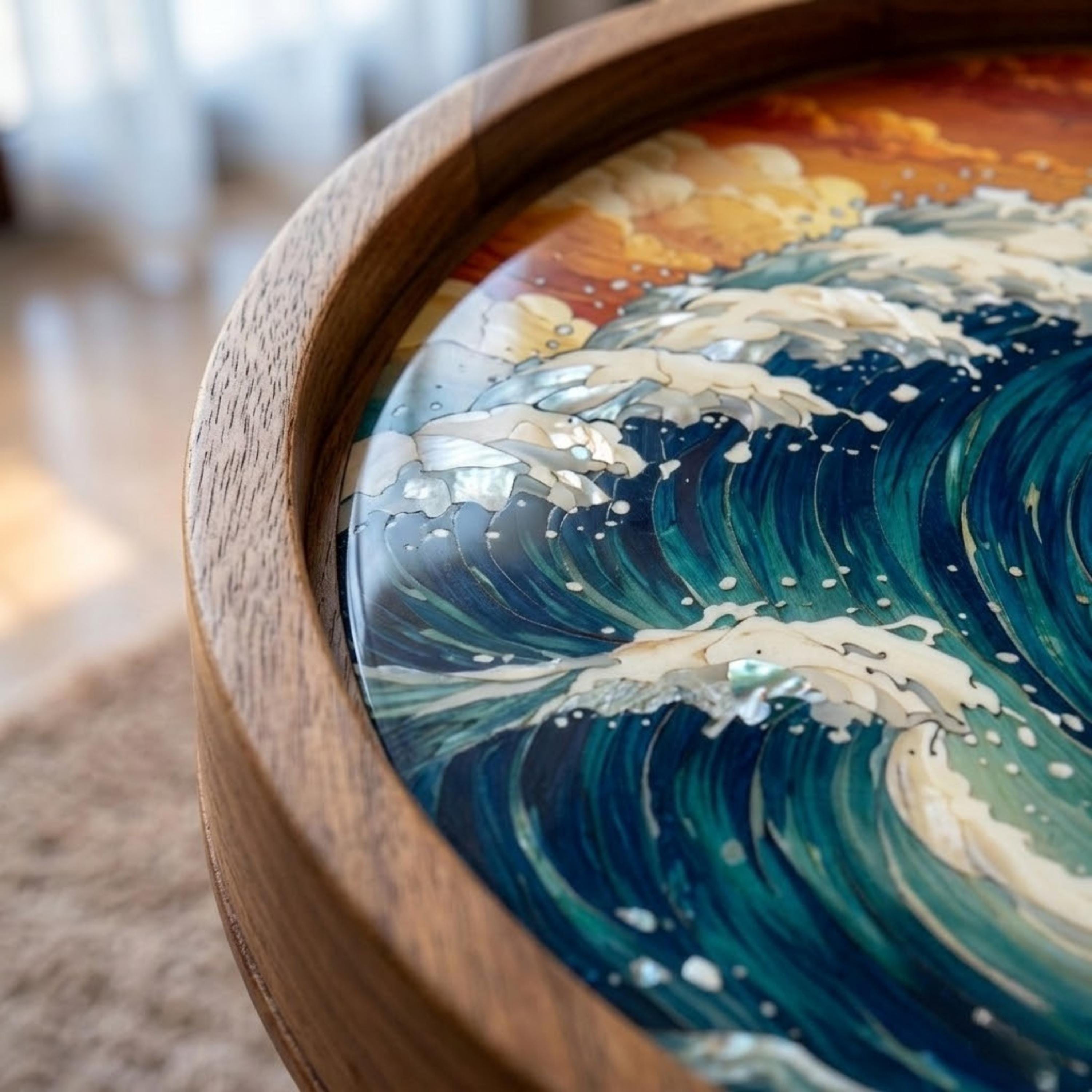 Handmade Mango Wood Side Table | Ocean Wave Print Accent Table | Coastal Decor