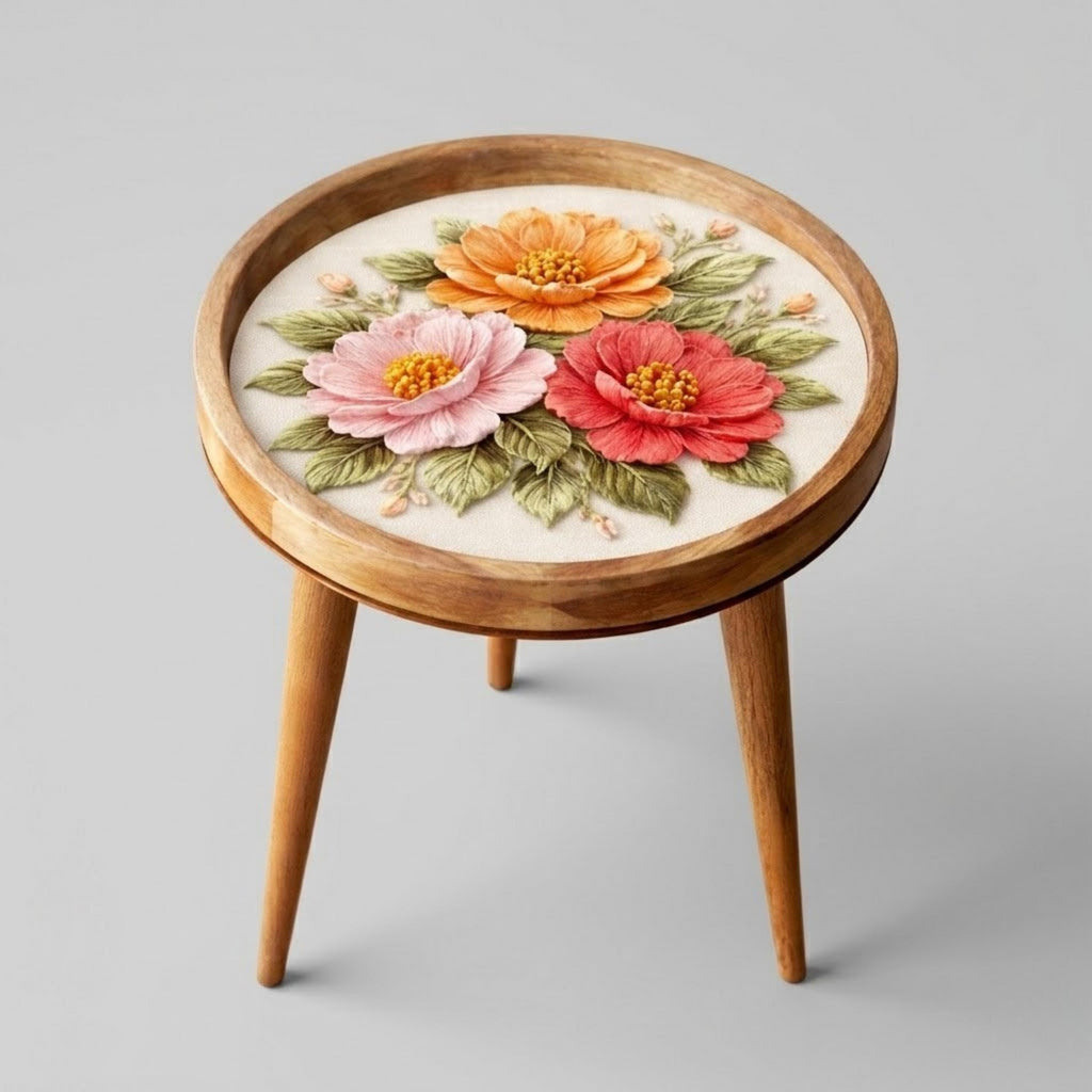 Handmade Mango Wood Side Table with 3D Floral Print | Boho Accent Furniture