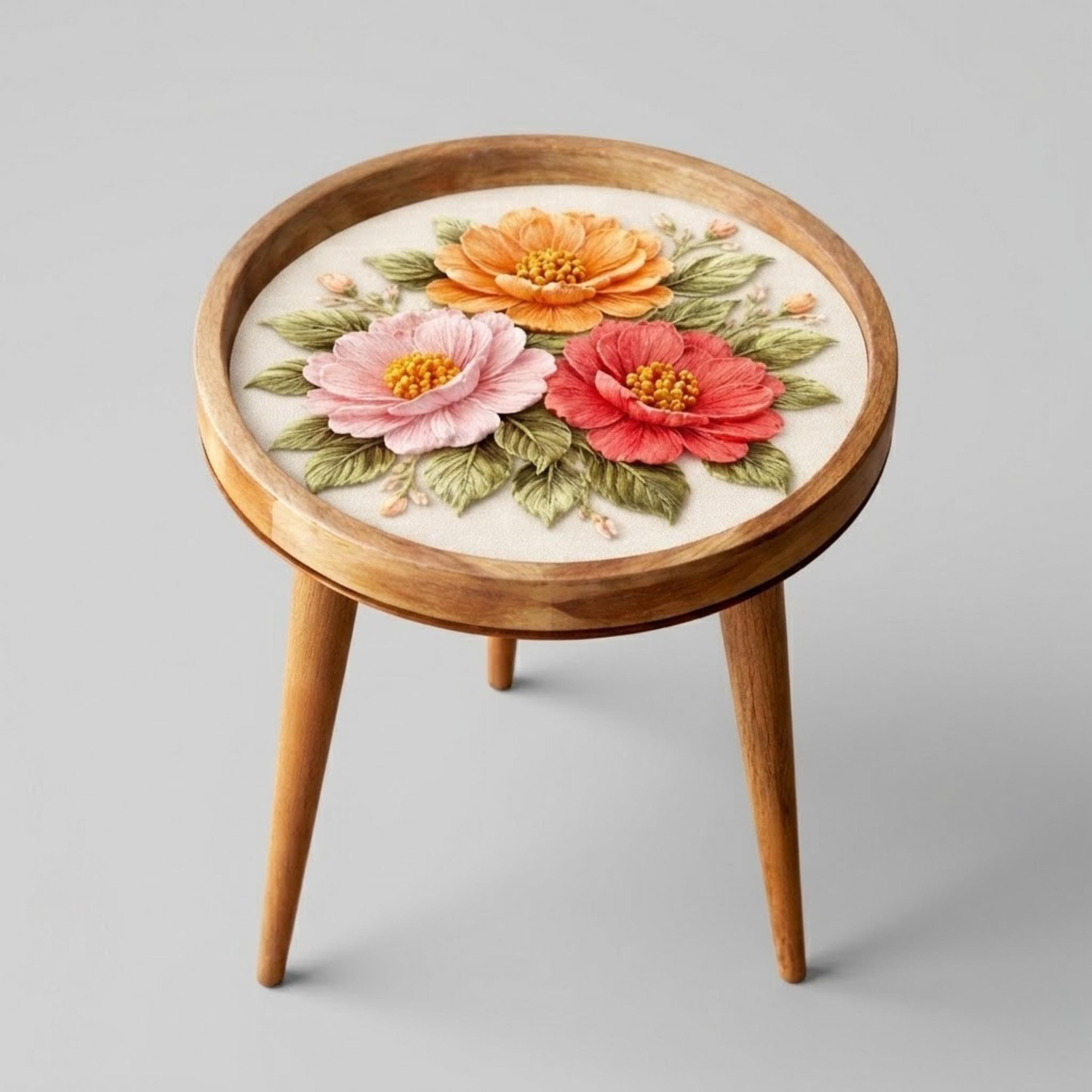 Handmade Mango Wood Side Table with 3D Floral Print | Boho Accent Furniture