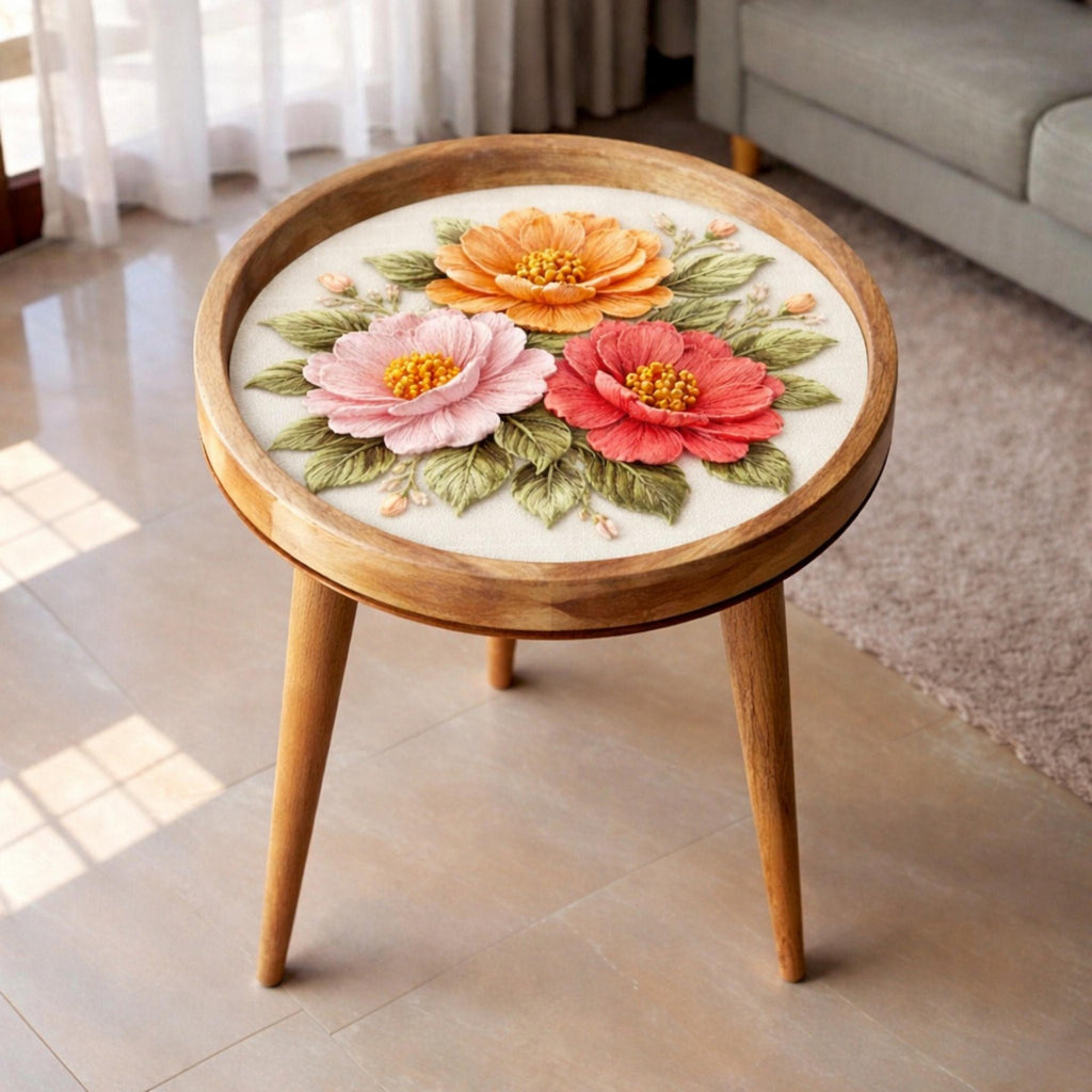 Handmade Mango Wood Side Table with 3D Floral Print | Boho Accent Furniture