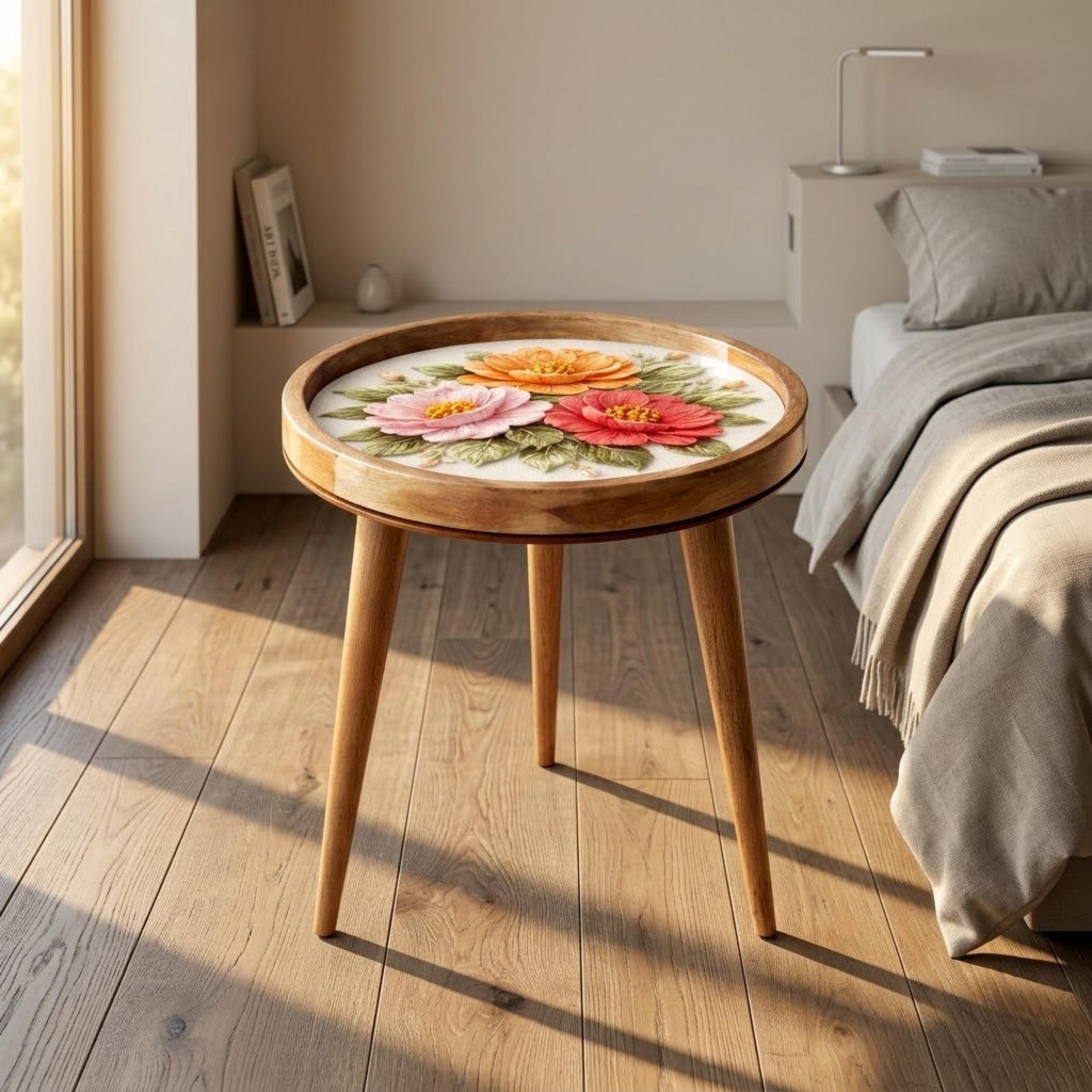 Handmade Mango Wood Side Table with 3D Floral Print | Boho Accent Furniture
