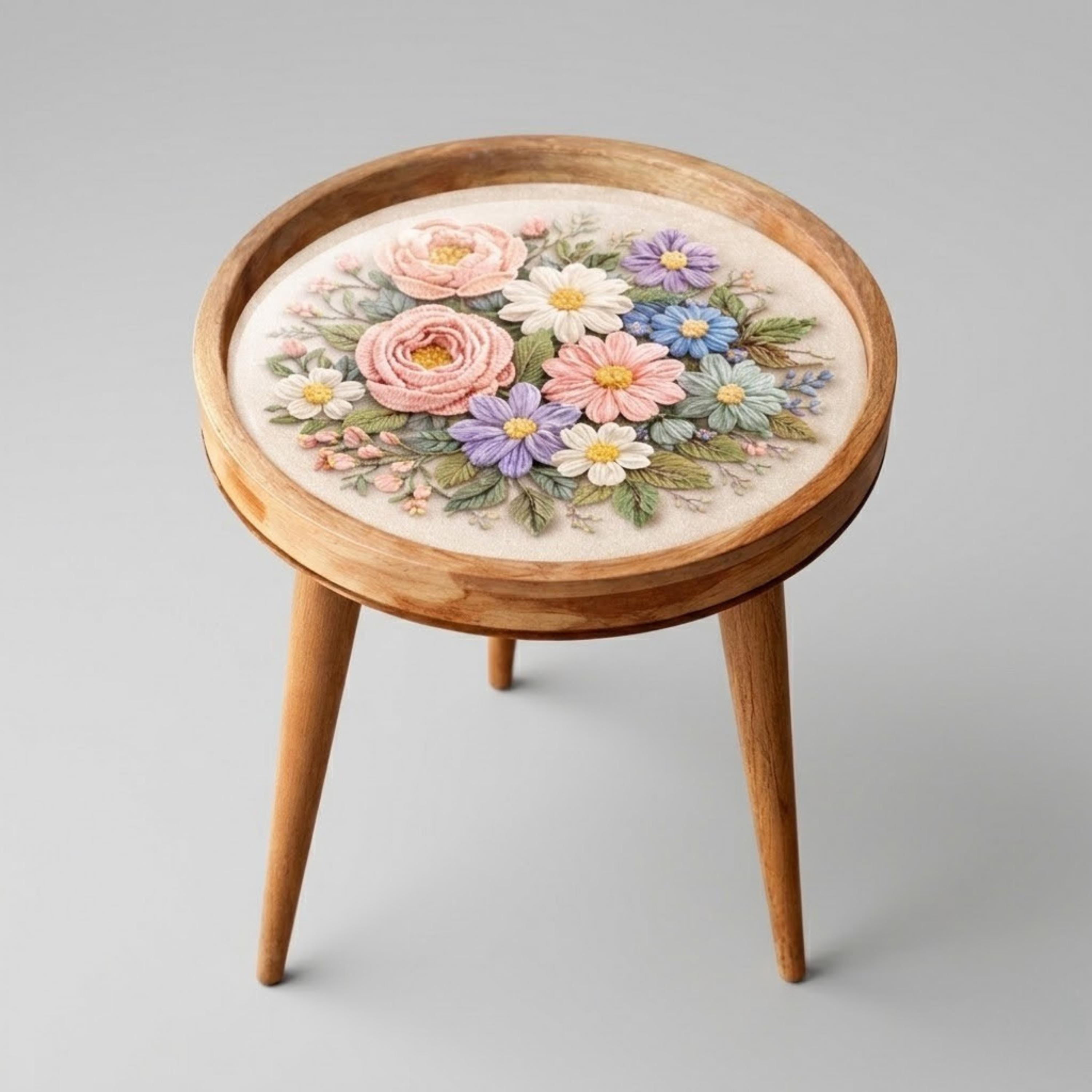 Handmade Mango Wood Side Table | Pastel Floral Print Round Accent Table