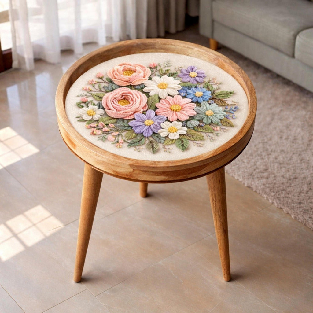 Handmade Mango Wood Side Table | Pastel Floral Print Round Accent Table