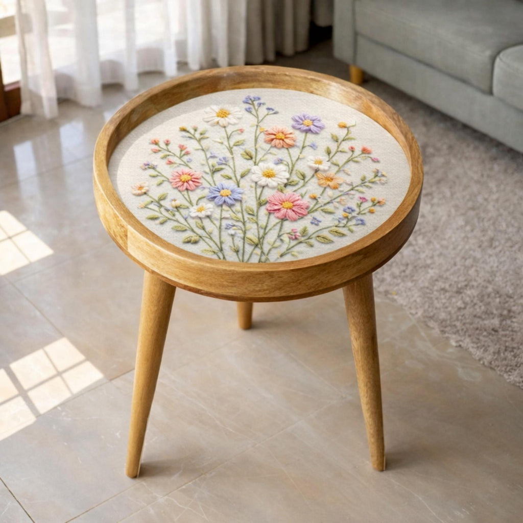 Handmade Mango Wood Side Table | Wildflower Print Round Accent Table