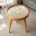Handmade Mango Wood Side Table | Wildflower Print Round Accent Table