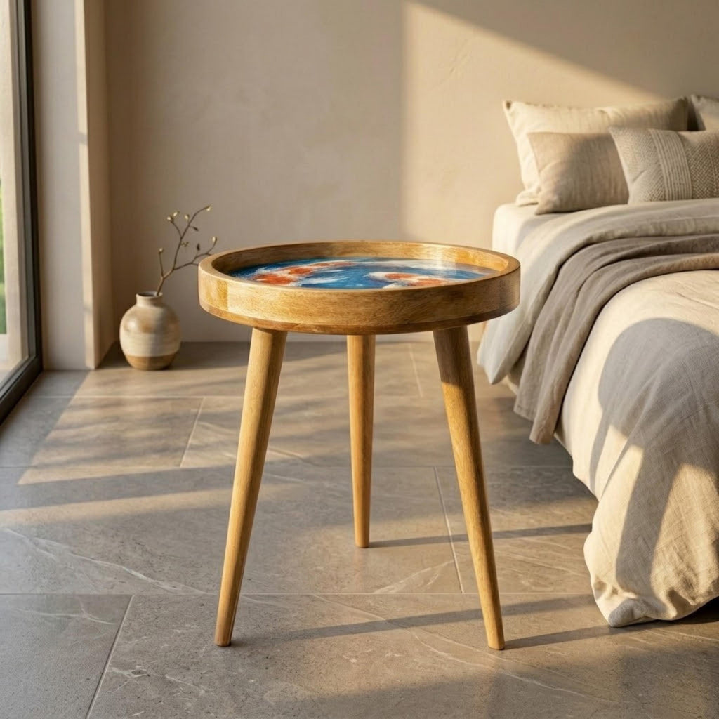Handmade Mango Wood Side Table | Koi Fish Print Round Accent Table