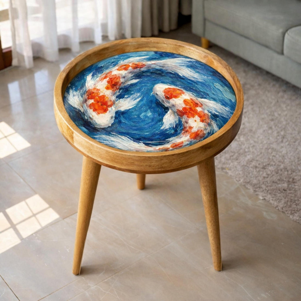 Handmade Mango Wood Side Table | Koi Fish Print Round Accent Table