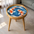 Handmade Mango Wood Side Table | Koi Fish Print Round Accent Table
