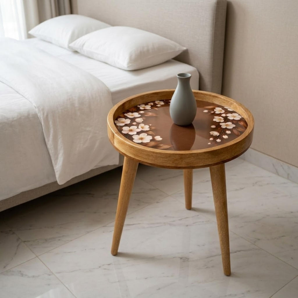 Handmade Mango Wood Side Table | Cherry Blossom Print Round Accent Table