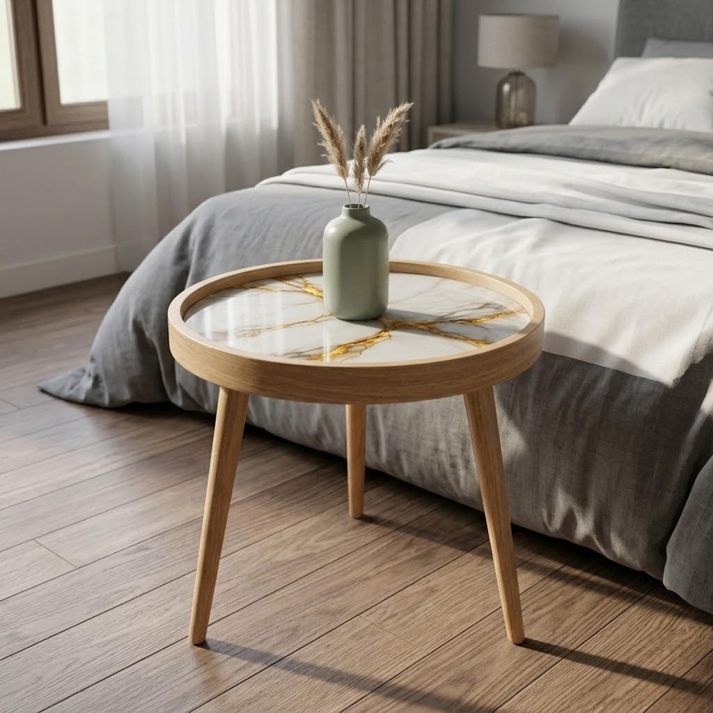 Handmade Mango Wood Side Table | White Marble Print, Gold Vein Accent Table