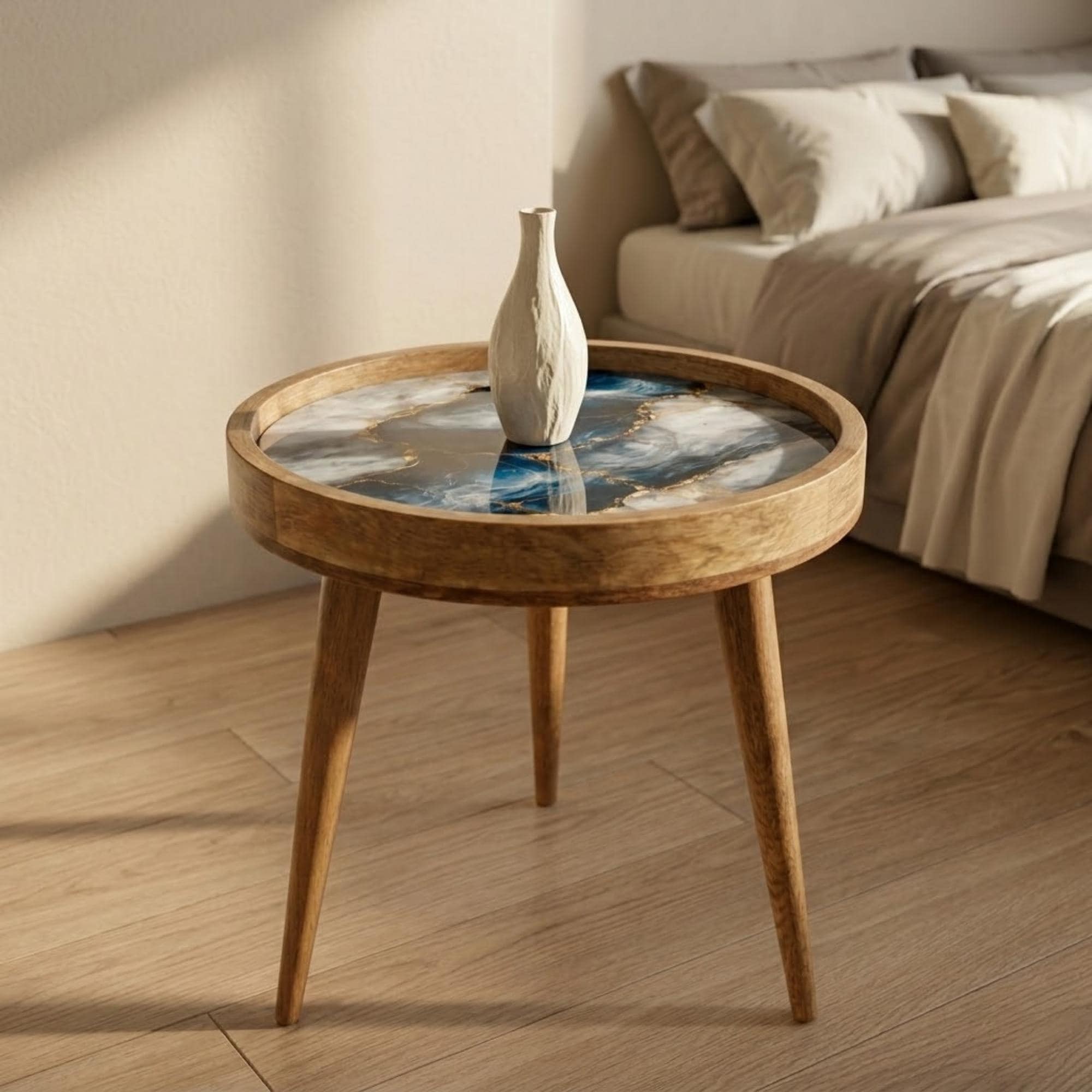 Handmade Mango Wood Side Table | Blue Marble Gold Vein Accent Table
