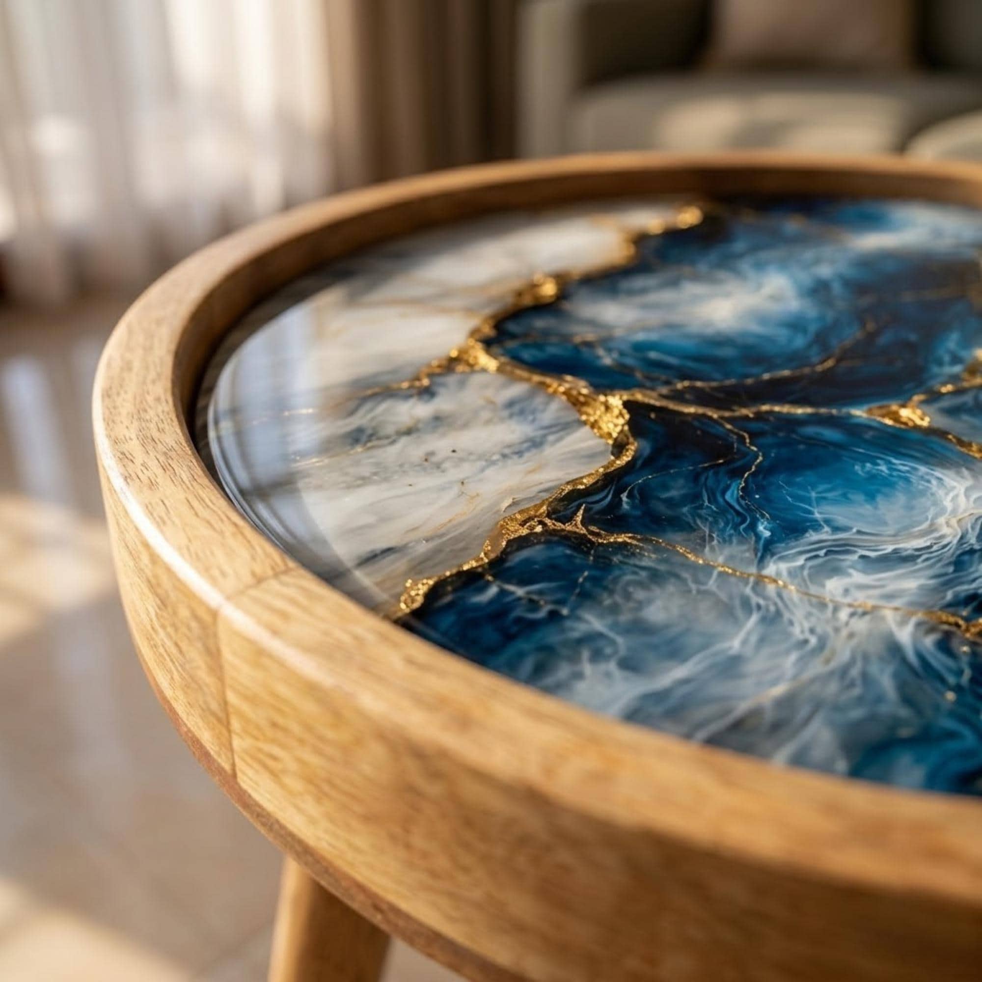 Handmade Mango Wood Side Table | Blue Marble Gold Vein Accent Table