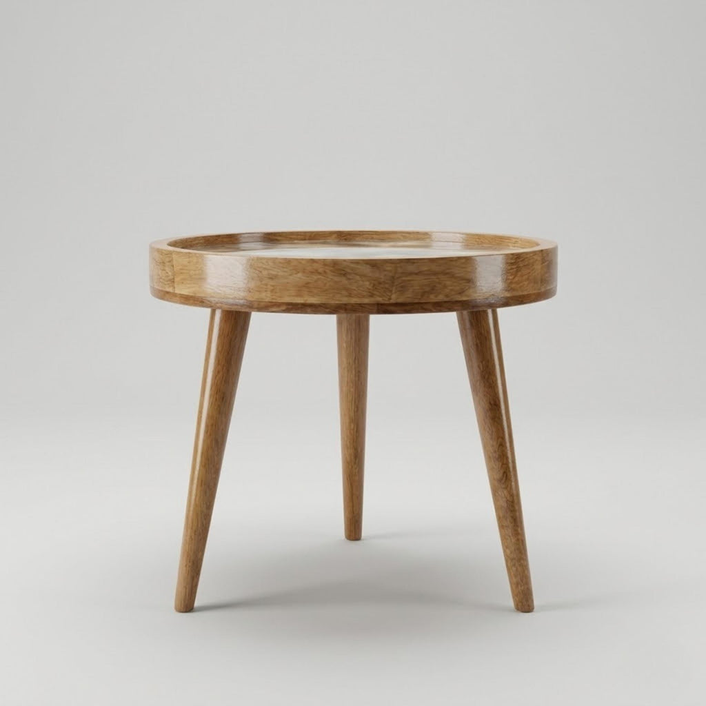 Handmade Mango Wood Side Table | Neutral Marble Swirl Print Accent Table