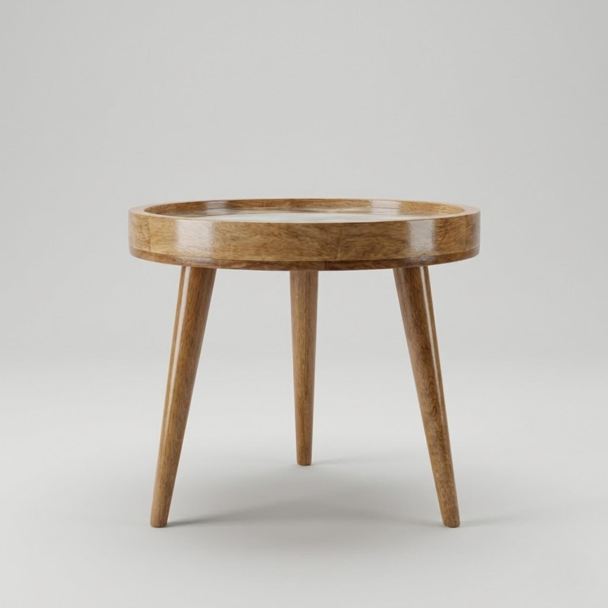 Handmade Mango Wood Side Table | Neutral Marble Swirl Print Accent Table