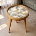 Handmade Mango Wood Side Table | Neutral Marble Swirl Print Accent Table