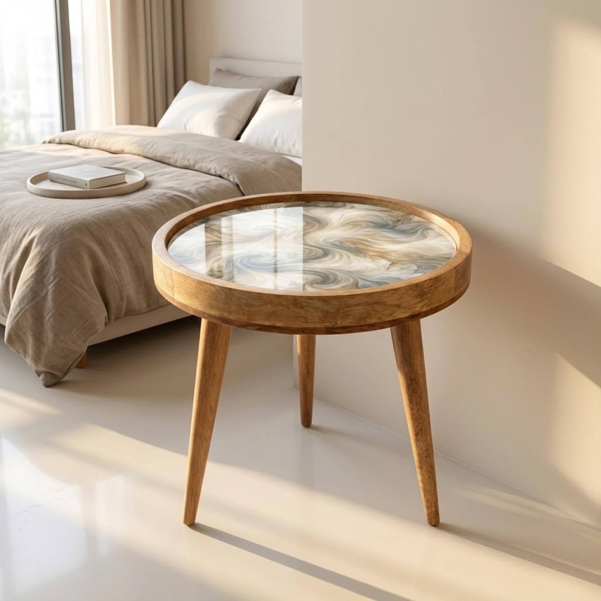 Handmade Mango Wood Side Table | Neutral Marble Swirl Print Accent Table