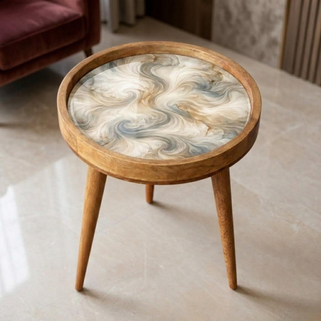 Handmade Mango Wood Side Table | Neutral Marble Swirl Print Accent Table
