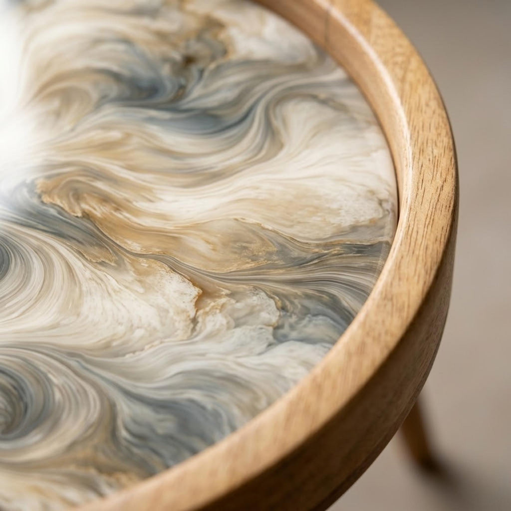 Handmade Mango Wood Side Table | Neutral Marble Swirl Print Accent Table