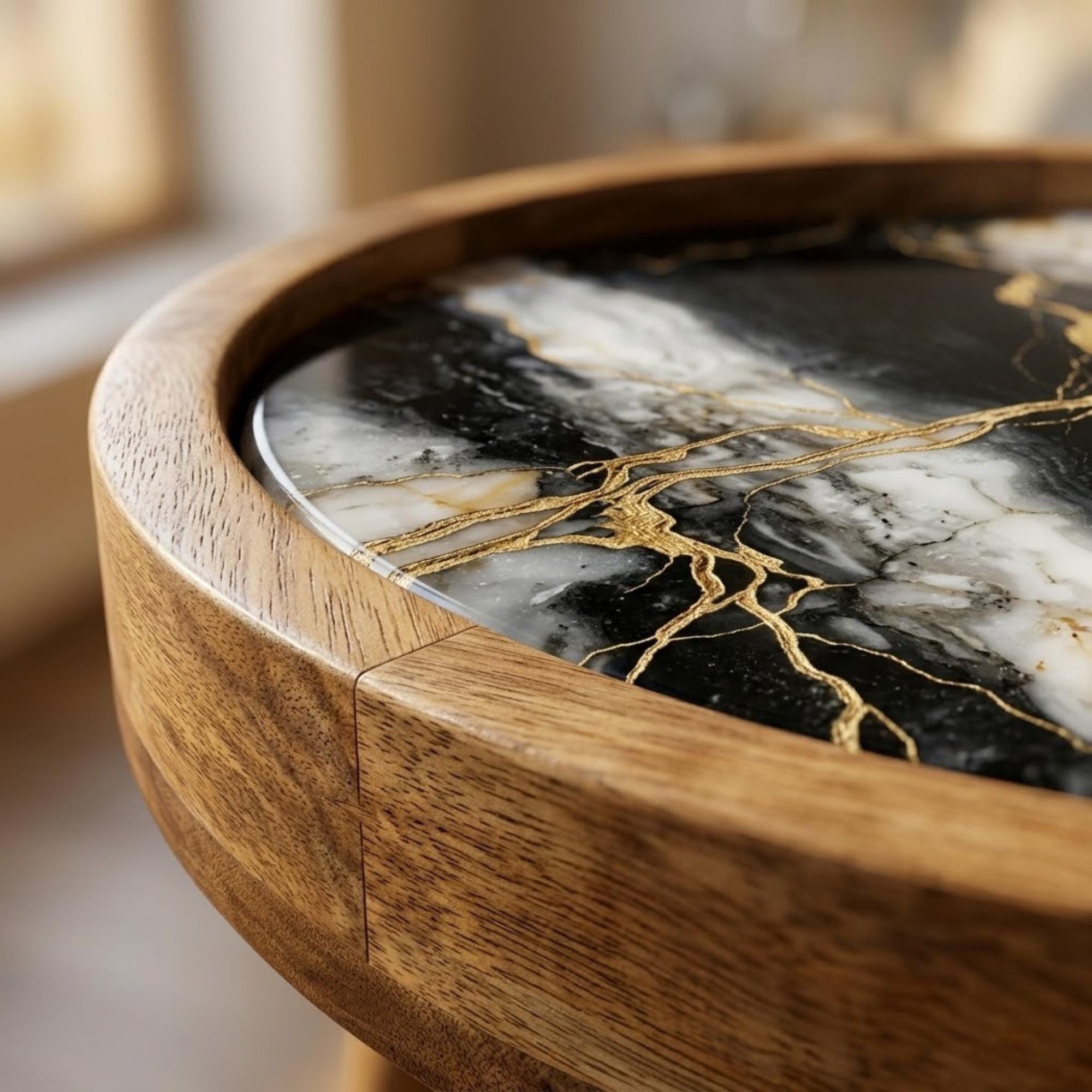 Handmade Mango Wood Side Table | Black Marble Print Gold Vein Accent Table