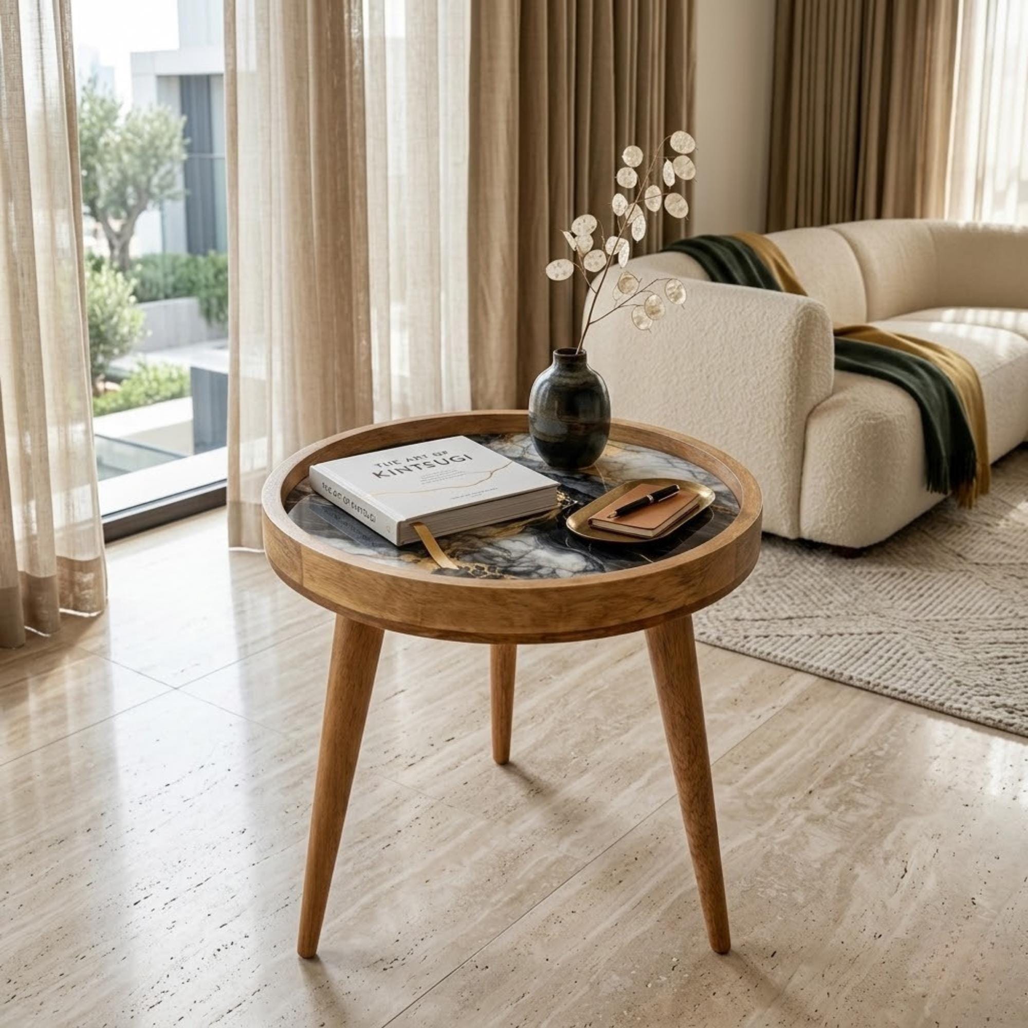 Handmade Mango Wood Side Table | Black Marble Print Gold Vein Accent Table