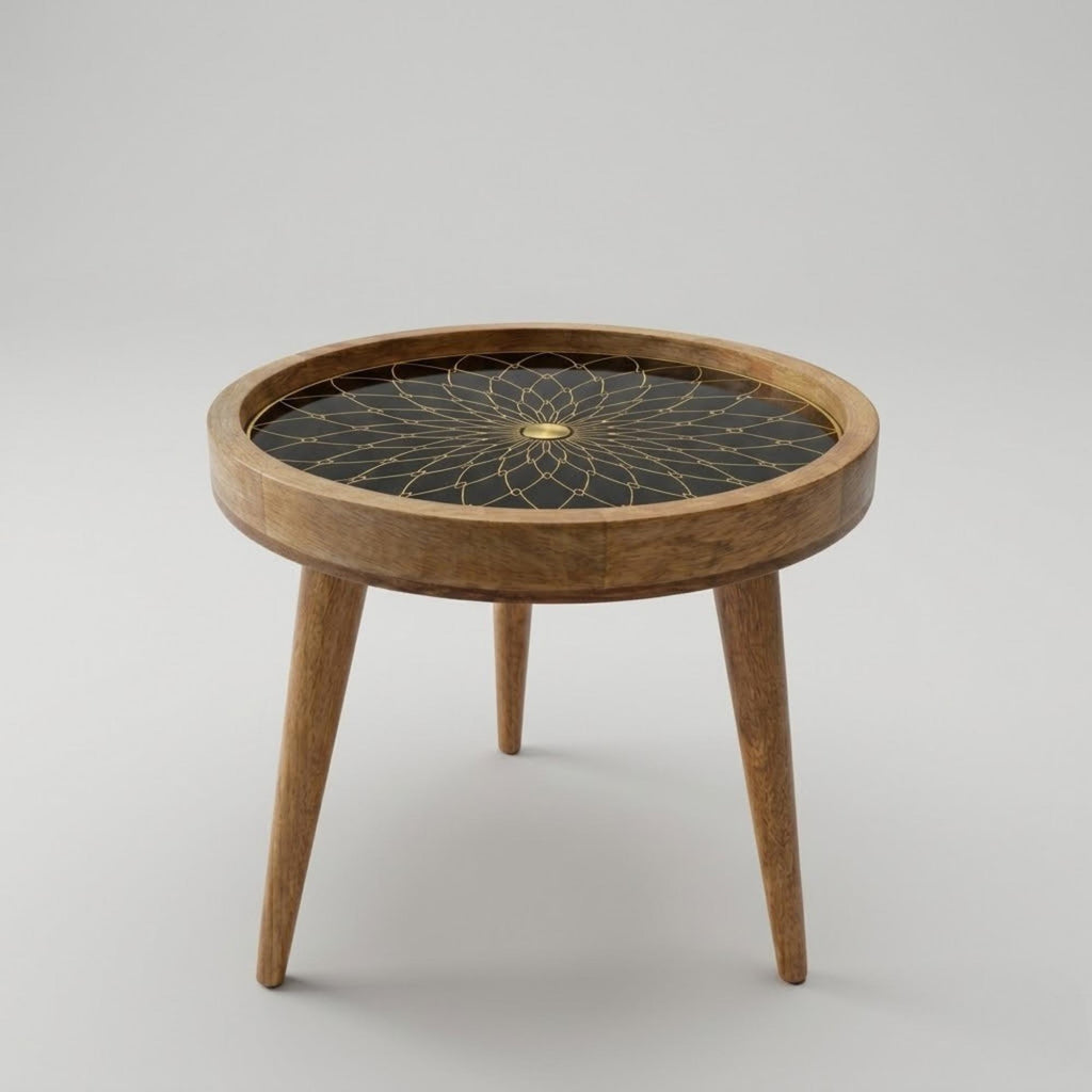 Handmade Mango Wood Side Table | Black Mandala Print Accent Table | Boho Gold Detail