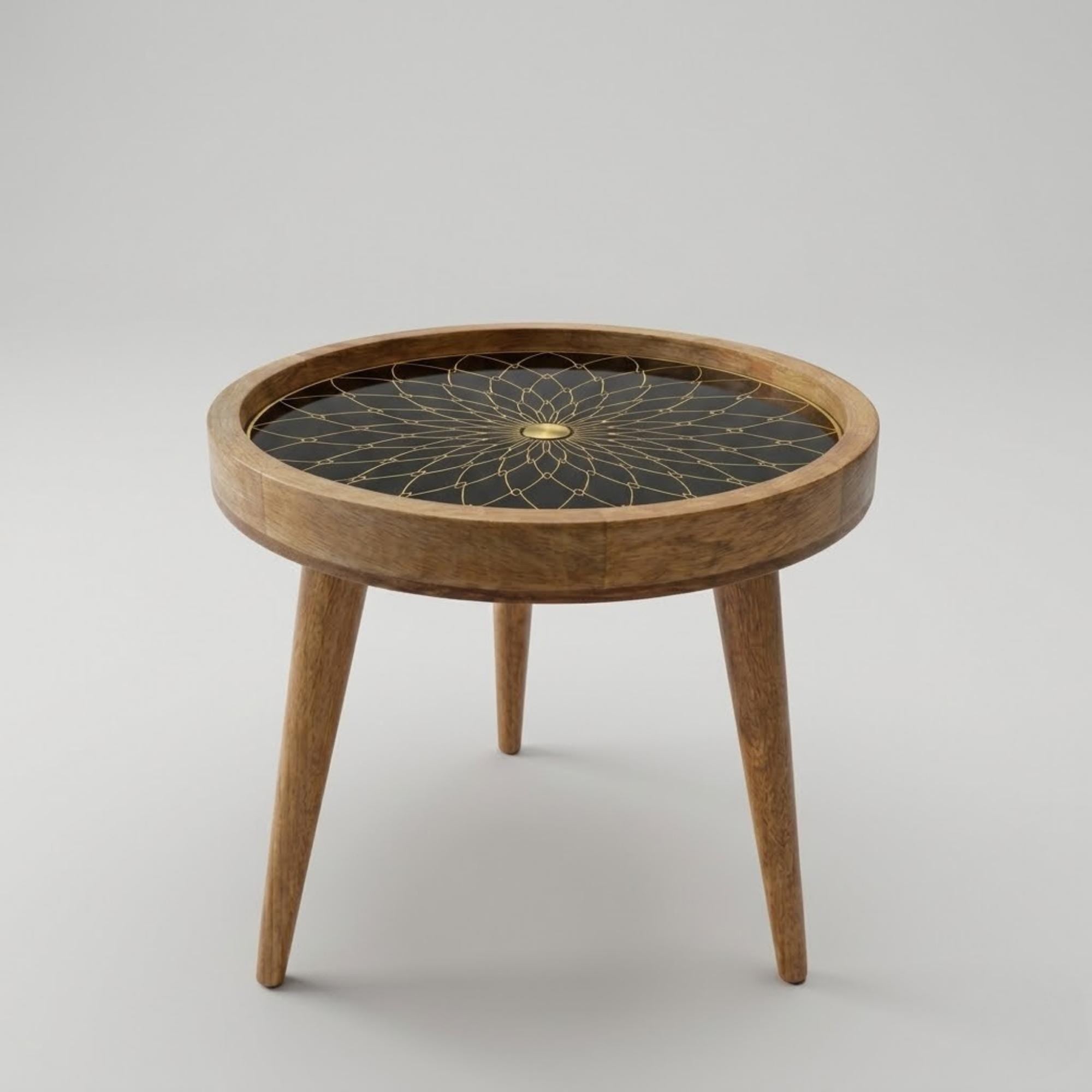 Handmade Mango Wood Side Table | Black Mandala Print Accent Table | Boho Gold Detail