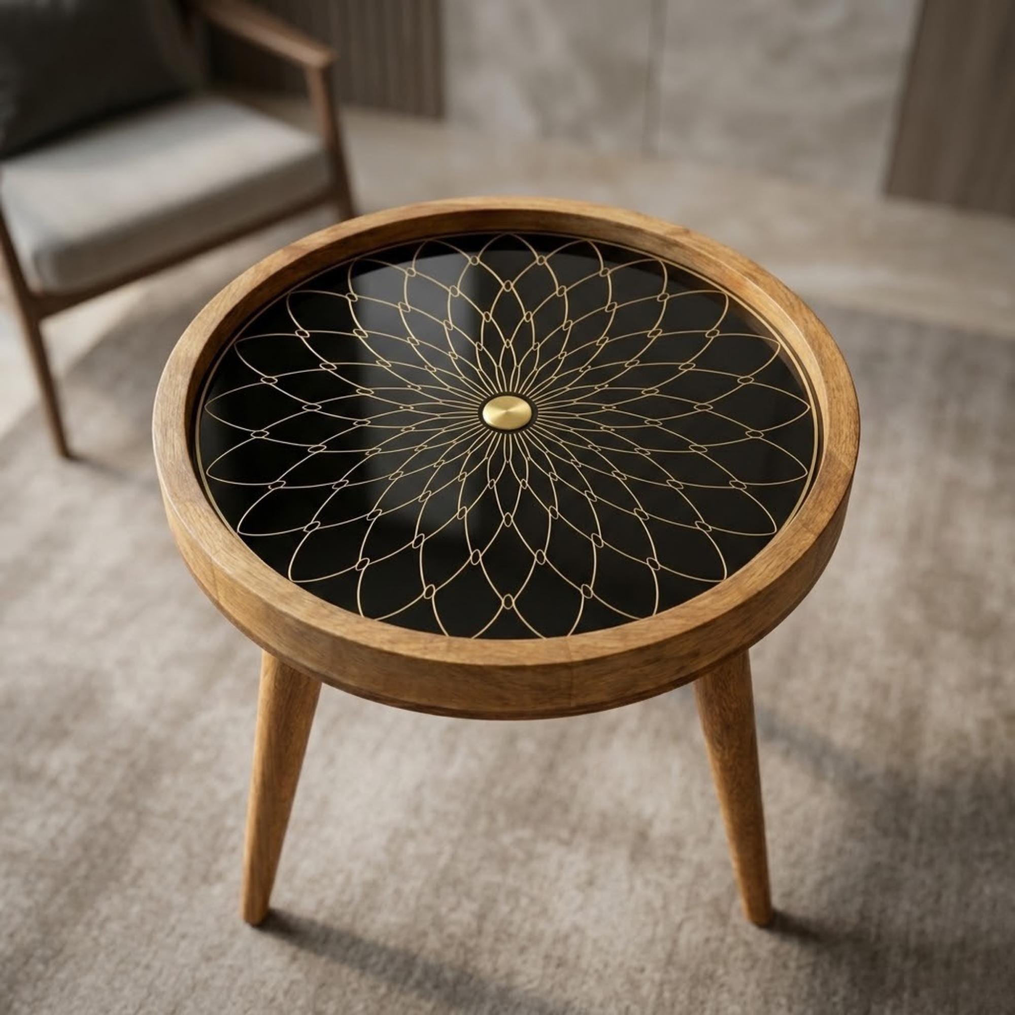 Handmade Mango Wood Side Table | Black Mandala Print Accent Table | Boho Gold Detail
