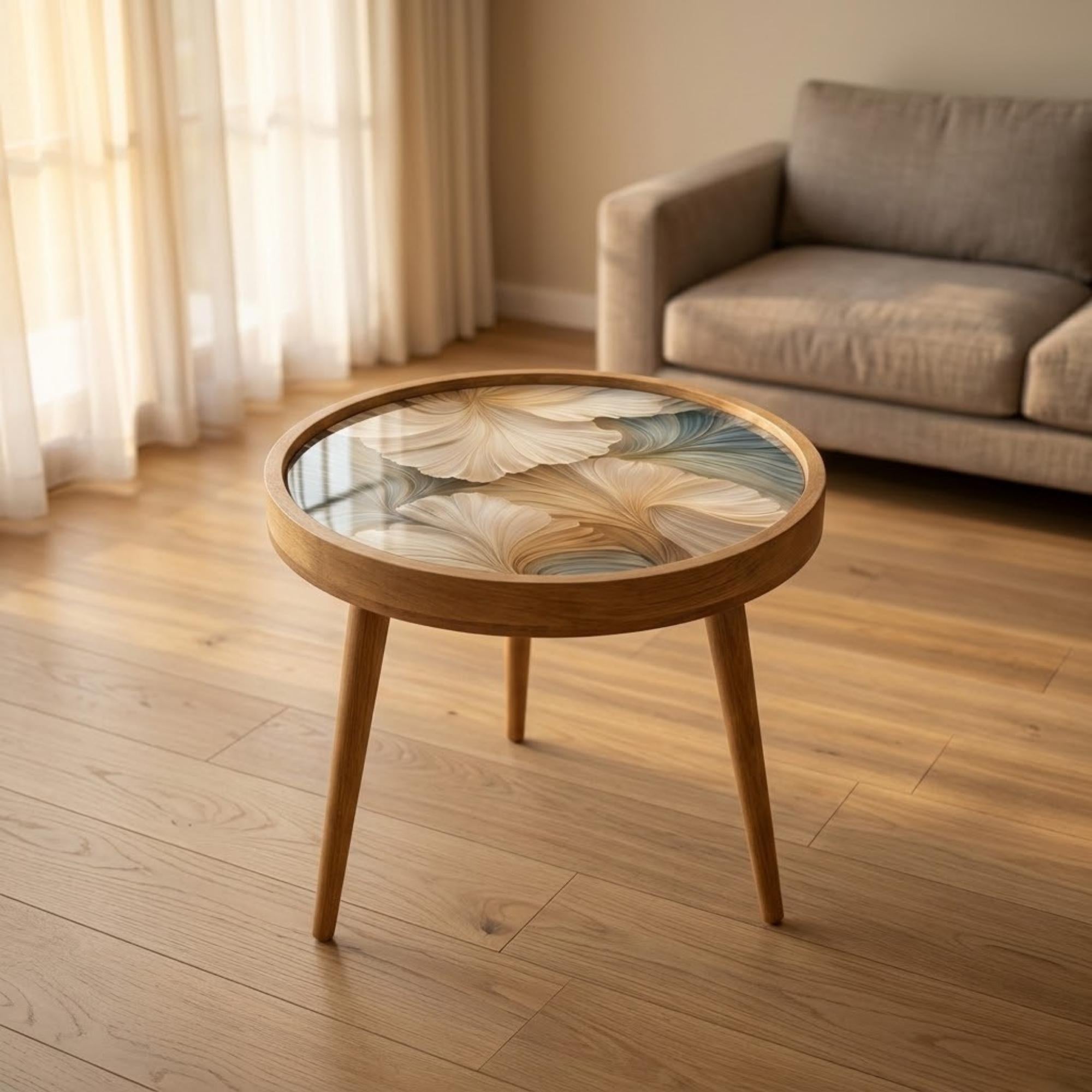 Handmade Mango Wood Side Table | Abstract Botanical Print | Round Accent Table