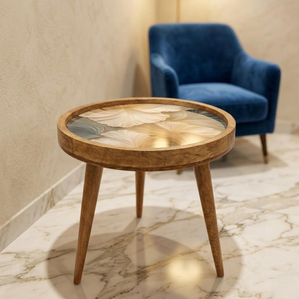 Handmade Mango Wood Side Table | Abstract Botanical Print | Round Accent Table