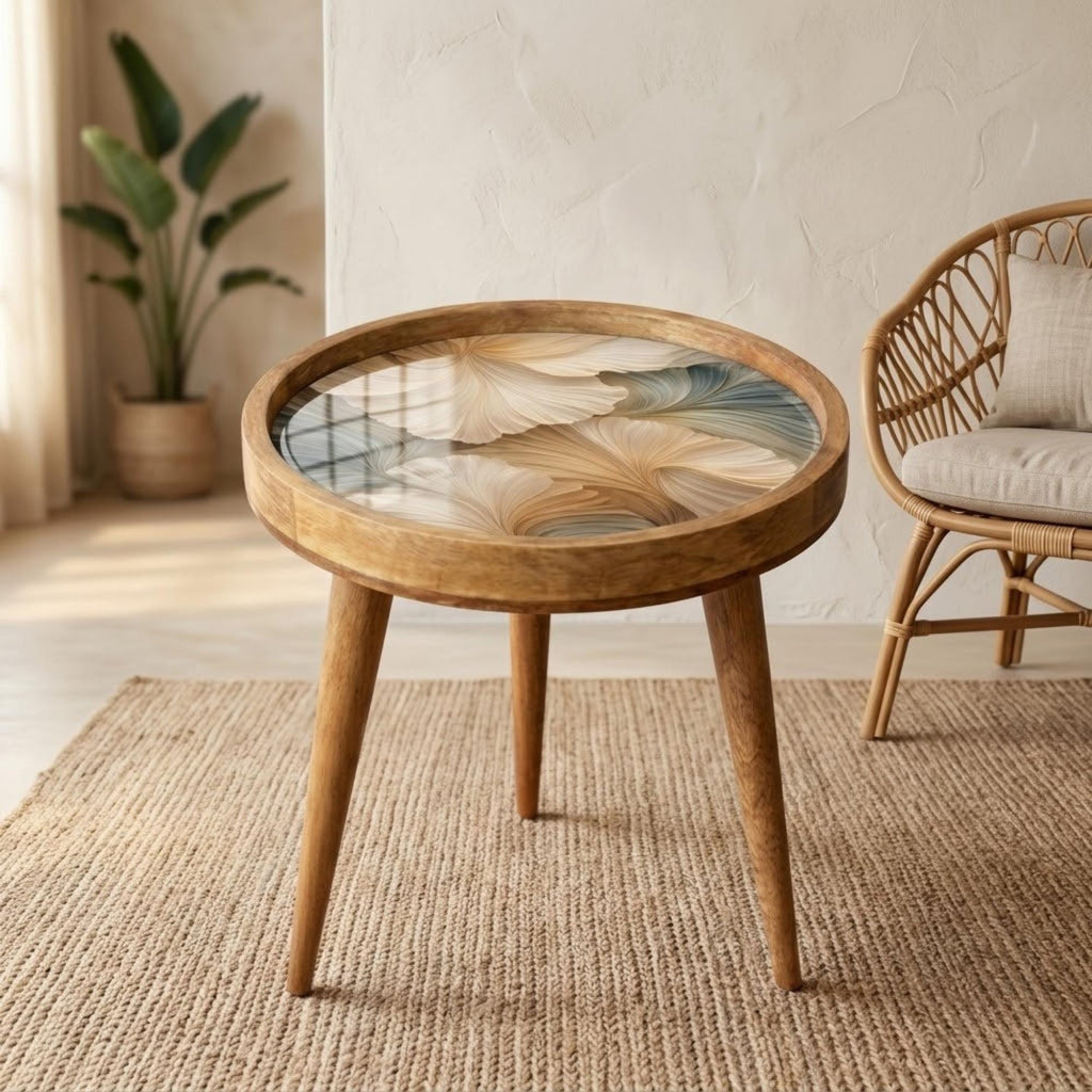 Handmade Mango Wood Side Table | Abstract Botanical Print | Round Accent Table