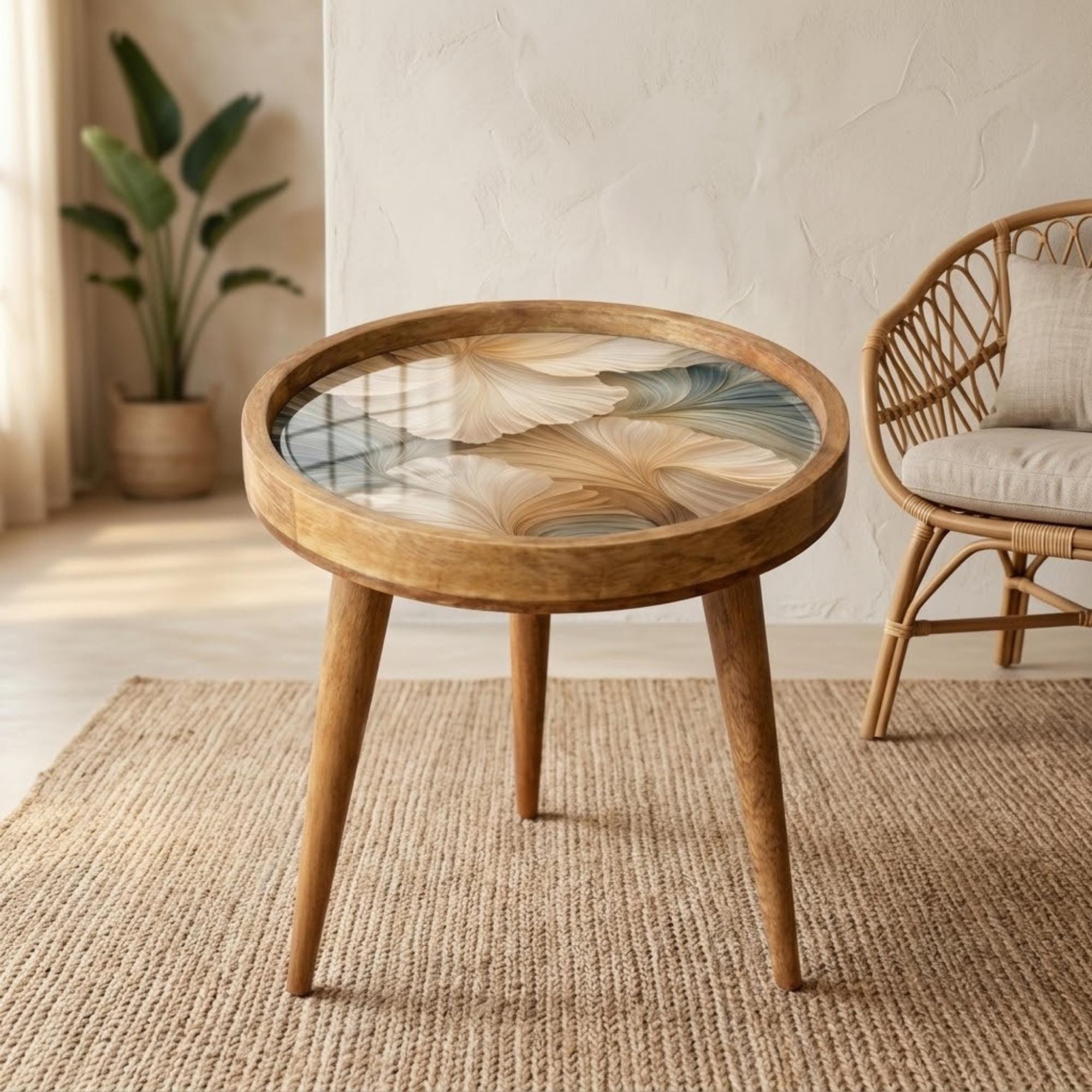 Handmade Mango Wood Side Table | Abstract Botanical Print | Round Accent Table