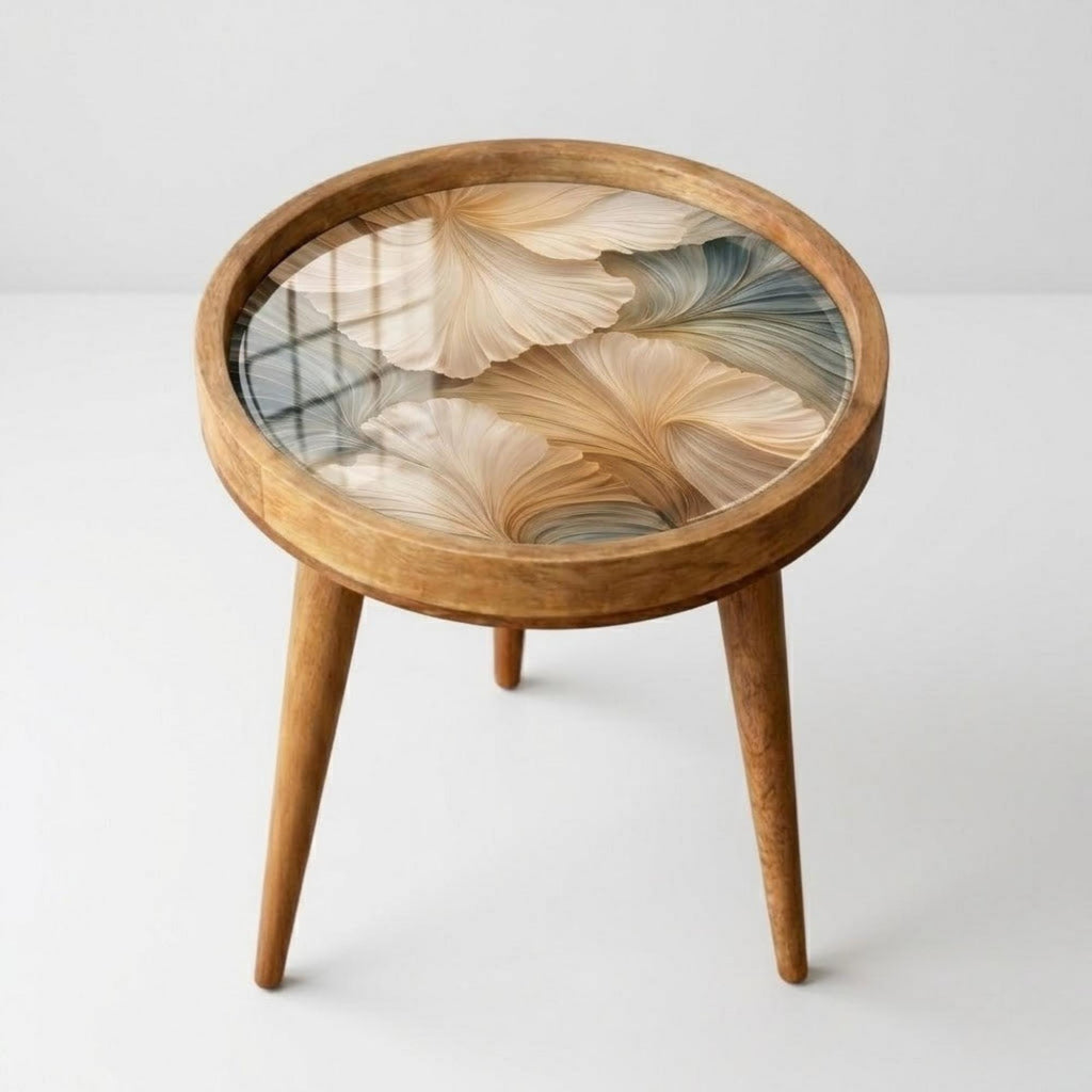 Handmade Mango Wood Side Table | Abstract Botanical Print | Round Accent Table