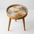 Handmade Mango Wood Side Table | Abstract Botanical Print | Round Accent Table