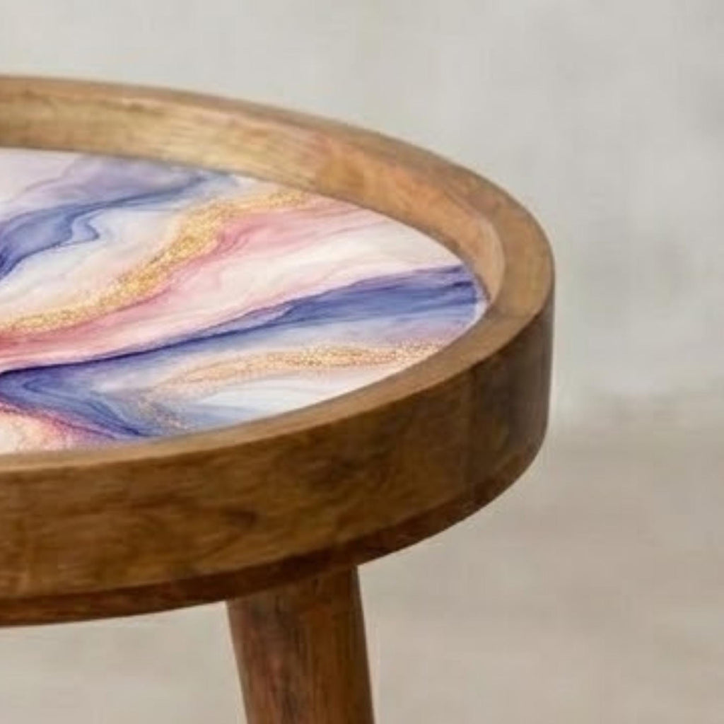 Handmade Mango Wood Side Table | Pink Blue Marble Print Accent Table